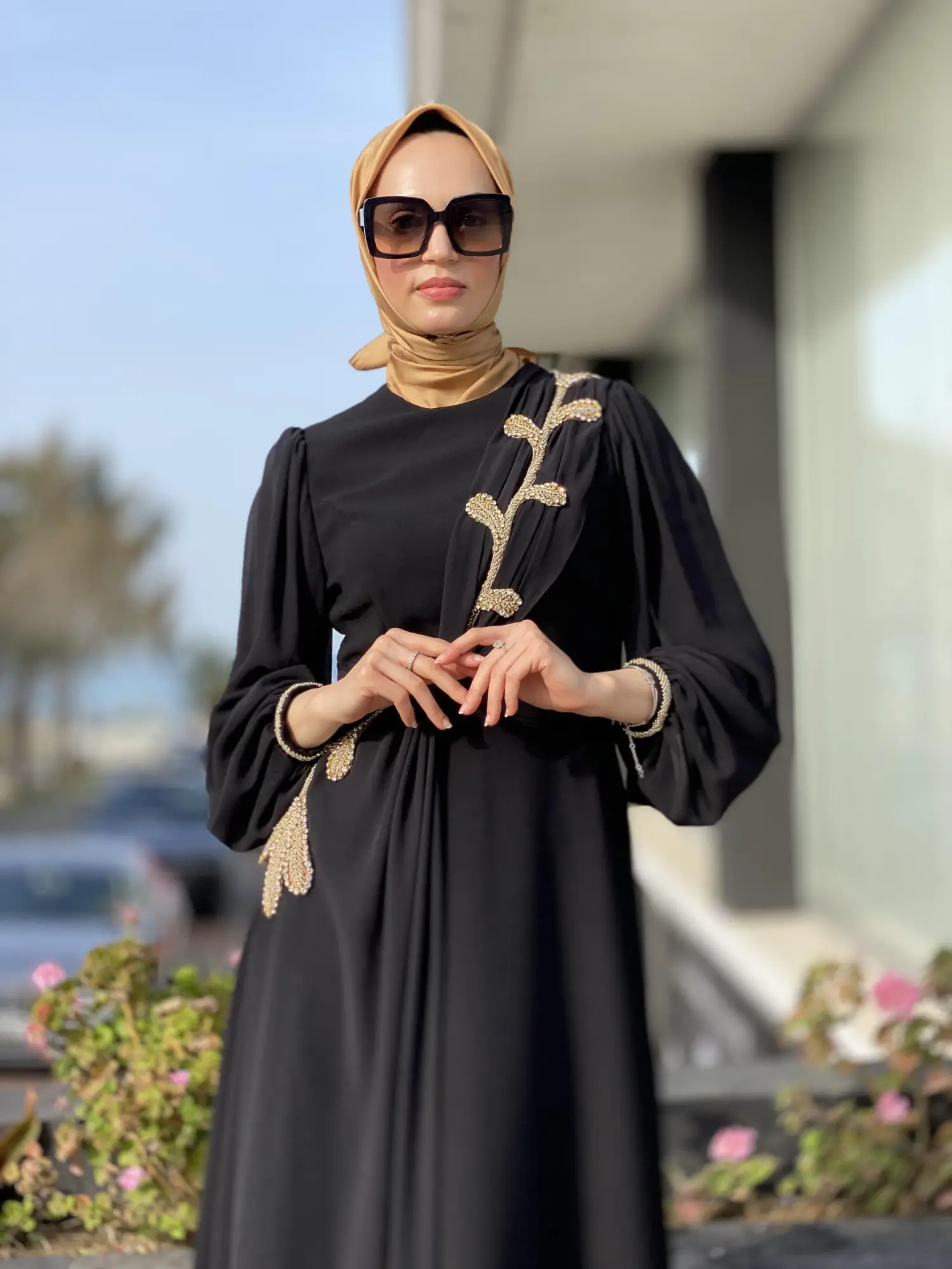 Jamila Sarah Karpuz Kollu Aller Şifonlu Aplikeli Tesettür Abiye Elbise 3031