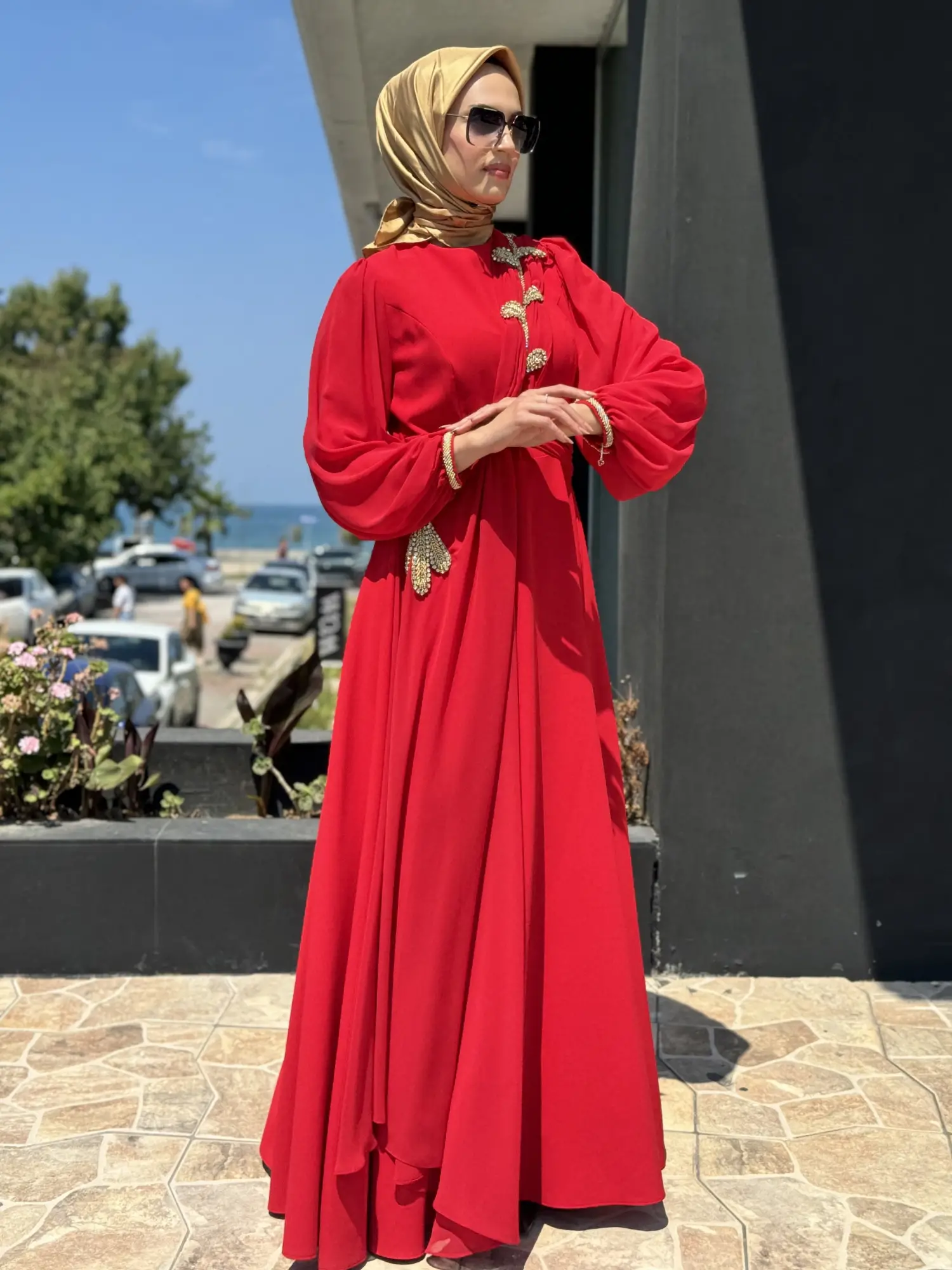 Jamila Sarah Karpuz Kollu Aller Şifonlu Aplikeli Tesettür Abiye Elbise 3031