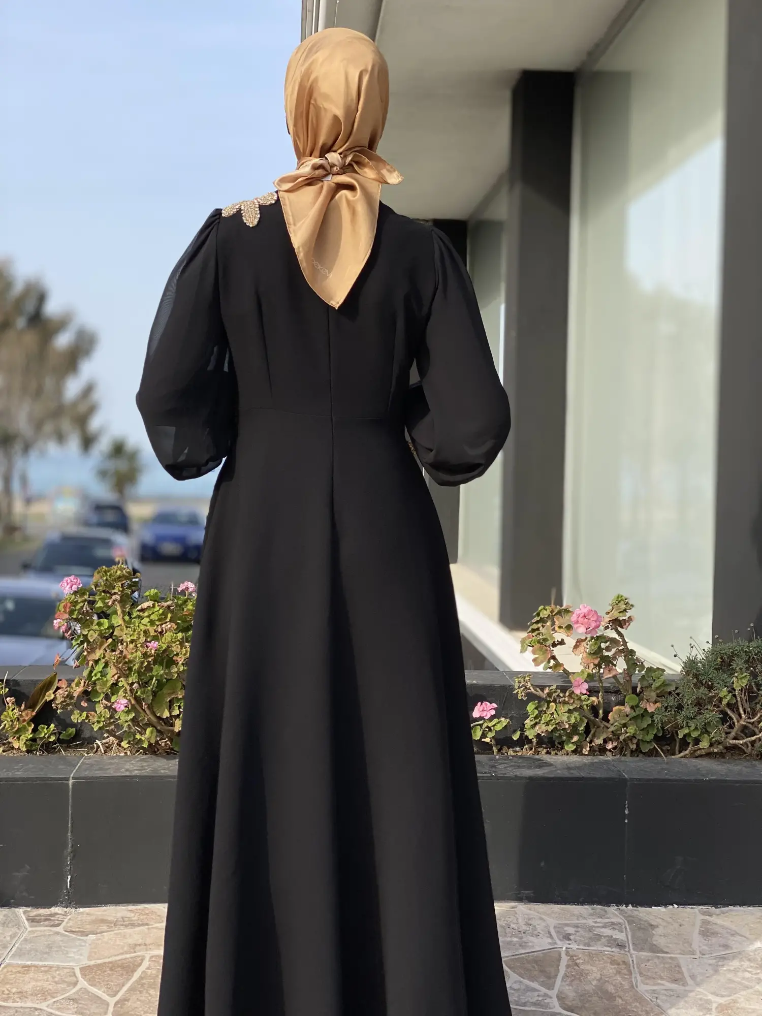 Jamila Sarah Karpuz Kollu Aller Şifonlu Aplikeli Tesettür Abiye Elbise 3031