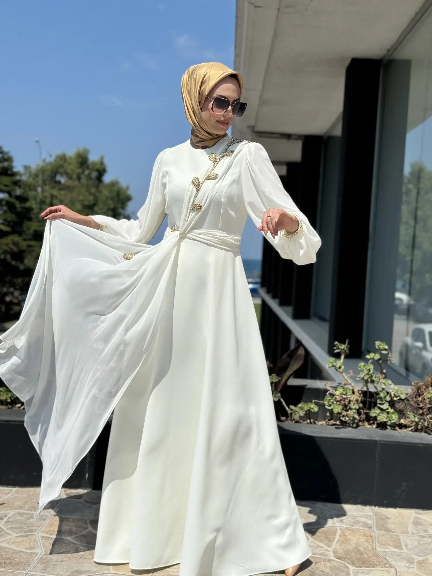 Jamila Sarah Karpuz Kollu Aller Şifonlu Aplikeli Tesettür Abiye Elbise 3031