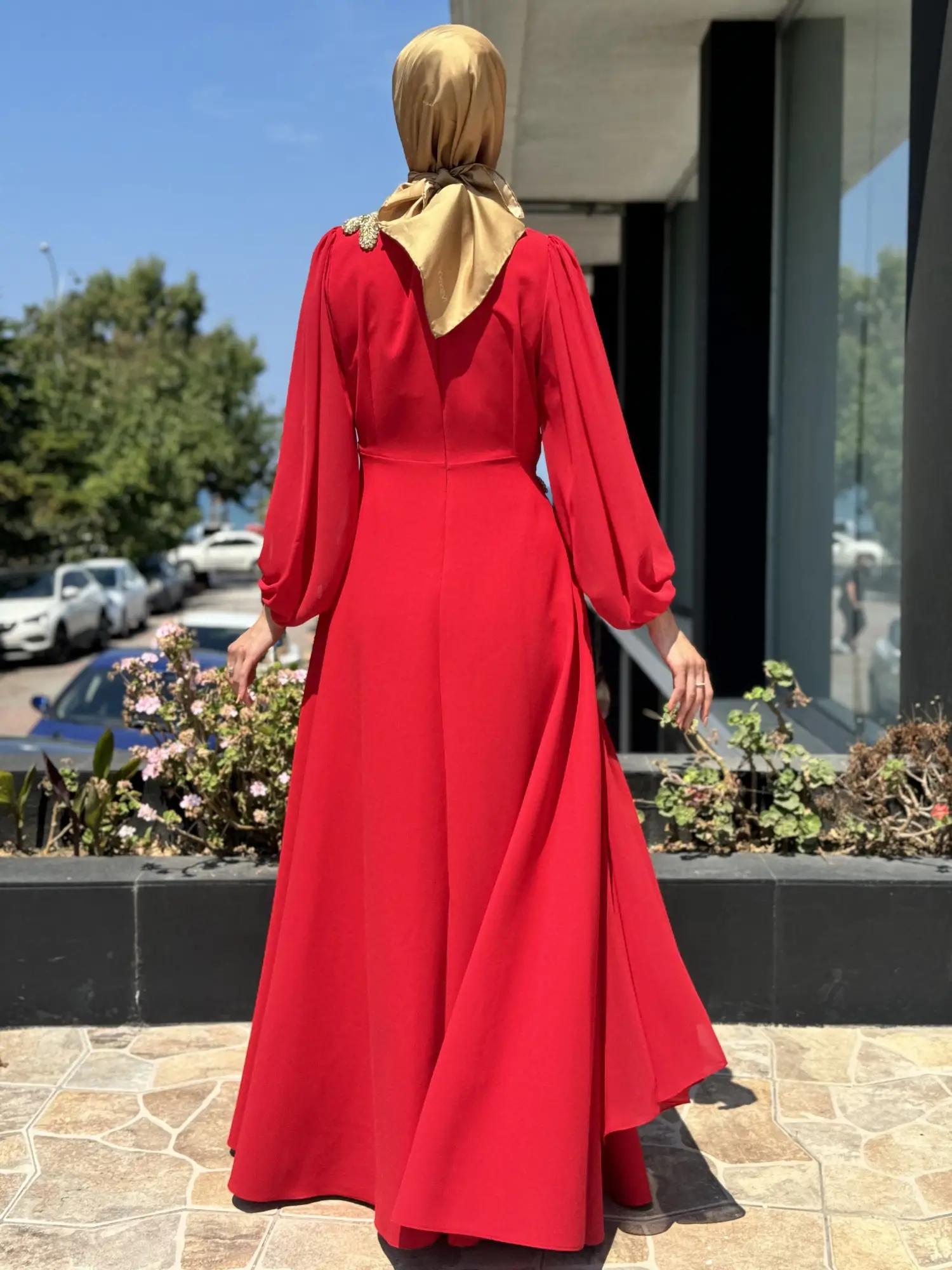 Jamila Sarah Karpuz Kollu Aller Şifonlu Aplikeli Tesettür Abiye Elbise 3031