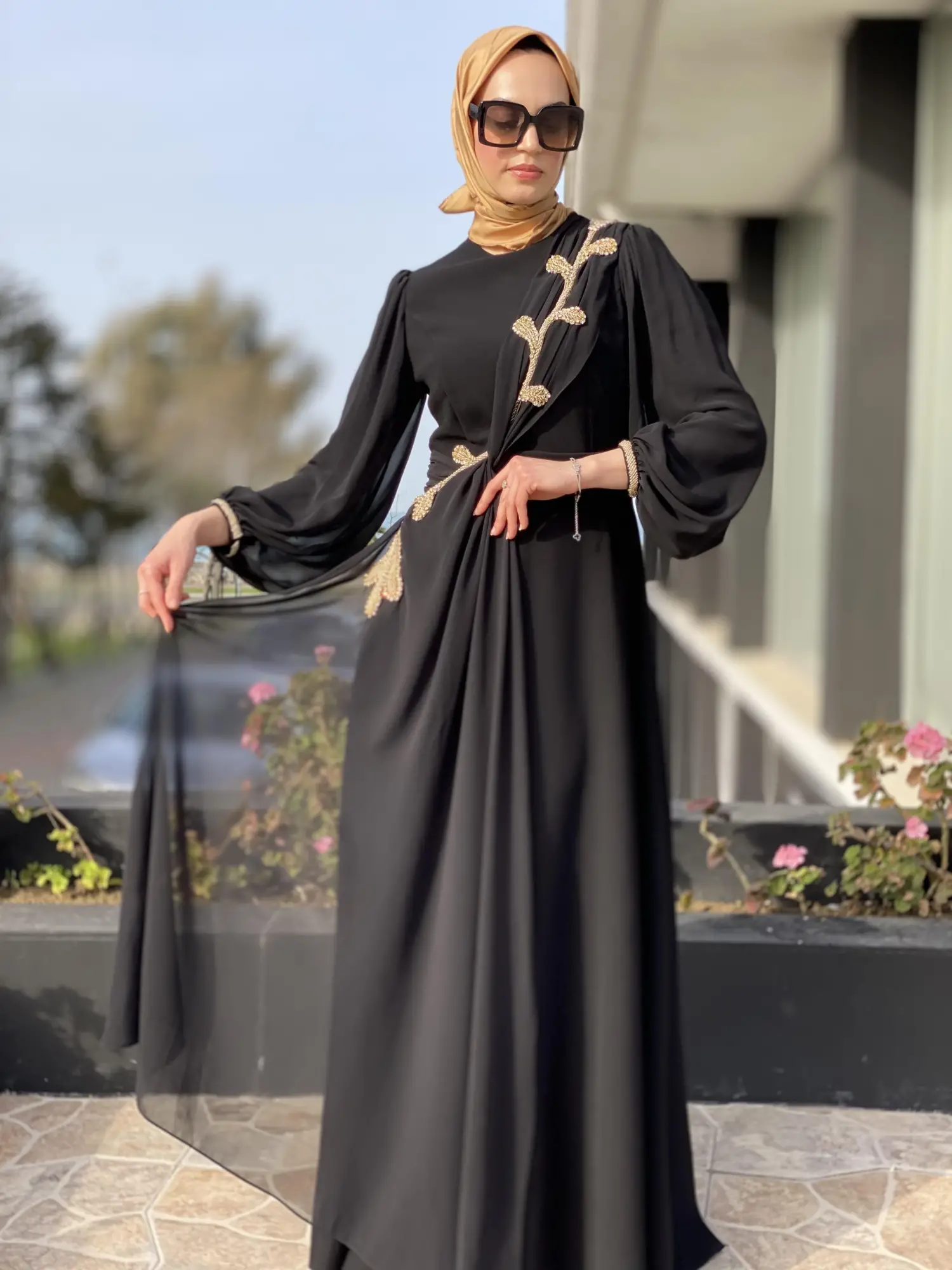 Jamila Sarah Karpuz Kollu Aller Şifonlu Aplikeli Tesettür Abiye Elbise 3031