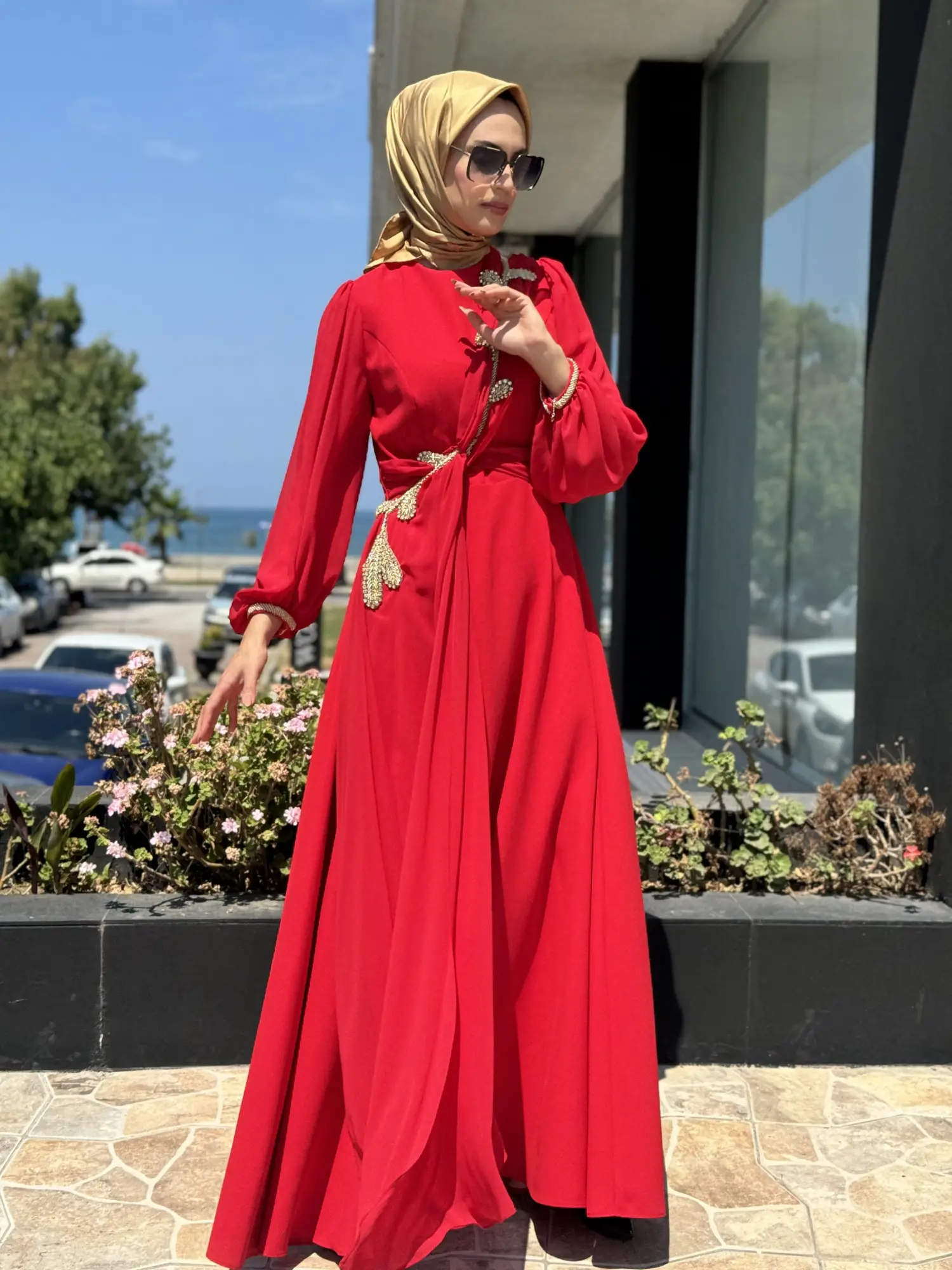 Jamila Sarah Karpuz Kollu Aller Şifonlu Aplikeli Tesettür Abiye Elbise 3031