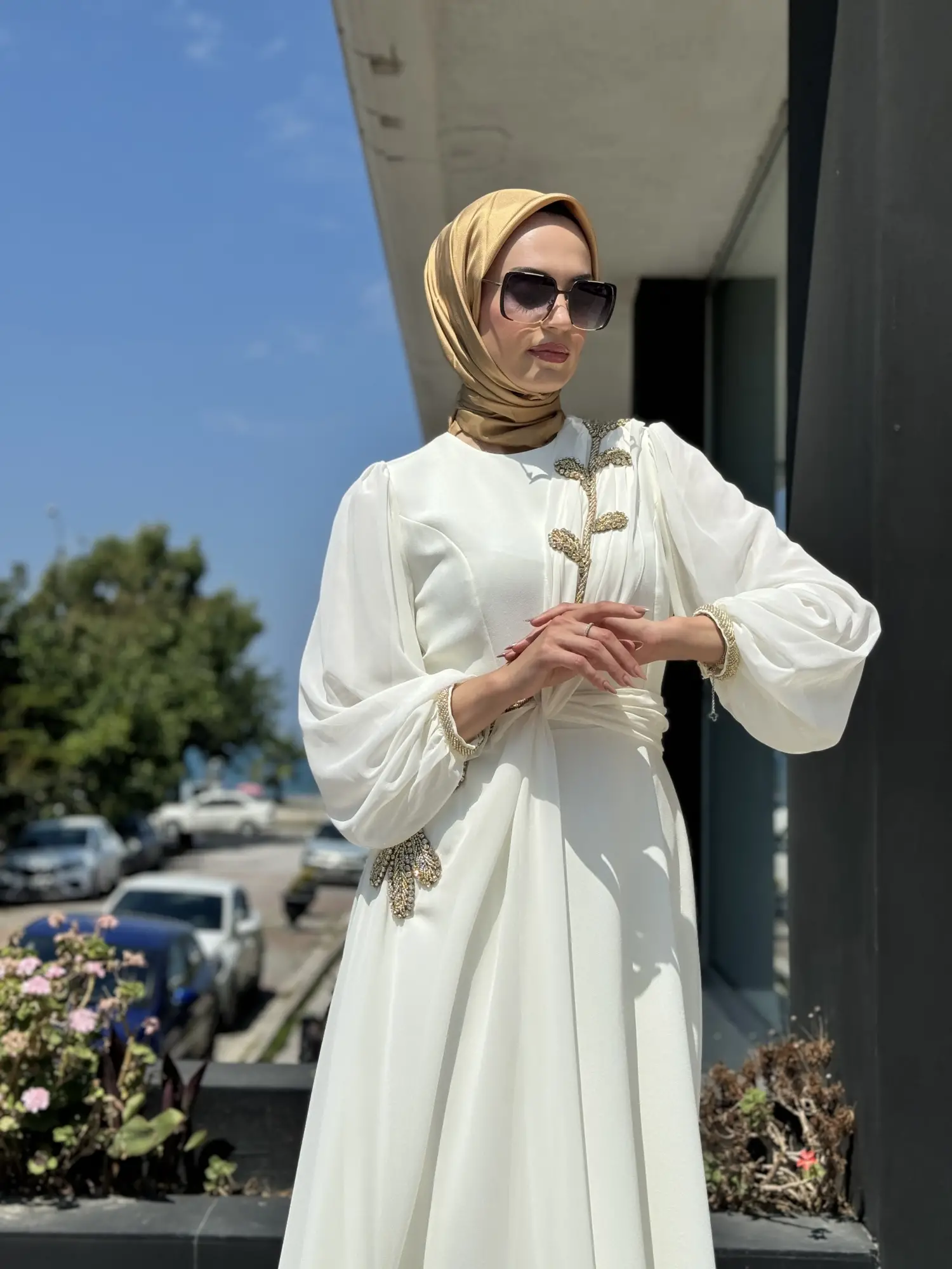 Jamila Sarah Karpuz Kollu Aller Şifonlu Aplikeli Tesettür Abiye Elbise 3031