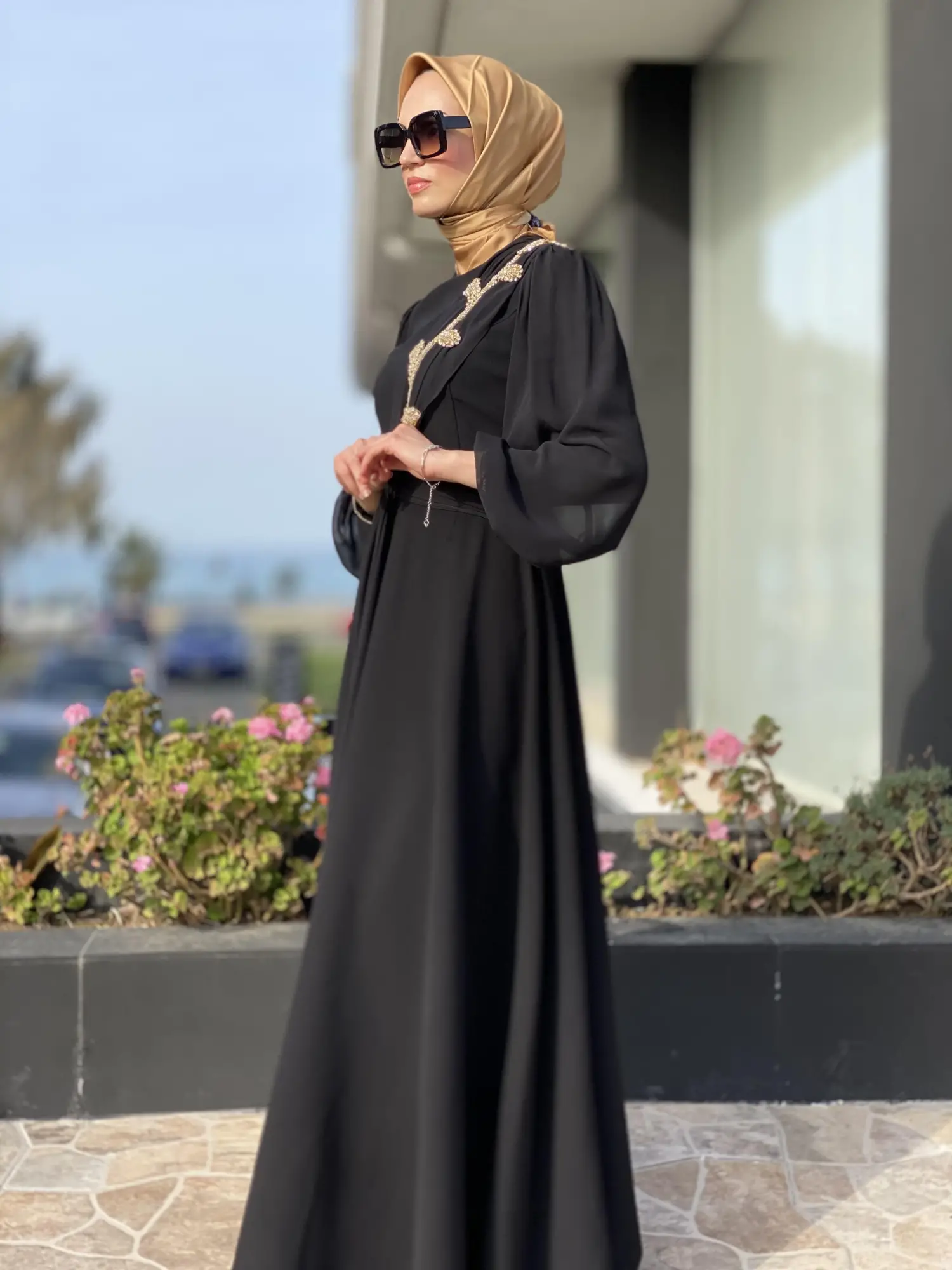 Jamila Sarah Karpuz Kollu Aller Şifonlu Aplikeli Tesettür Abiye Elbise 3031