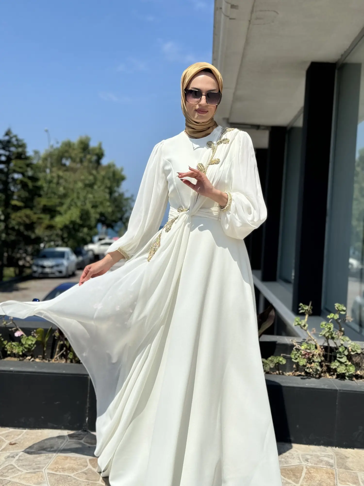 Jamila Sarah Karpuz Kollu Aller Şifonlu Aplikeli Tesettür Abiye Elbise 3031