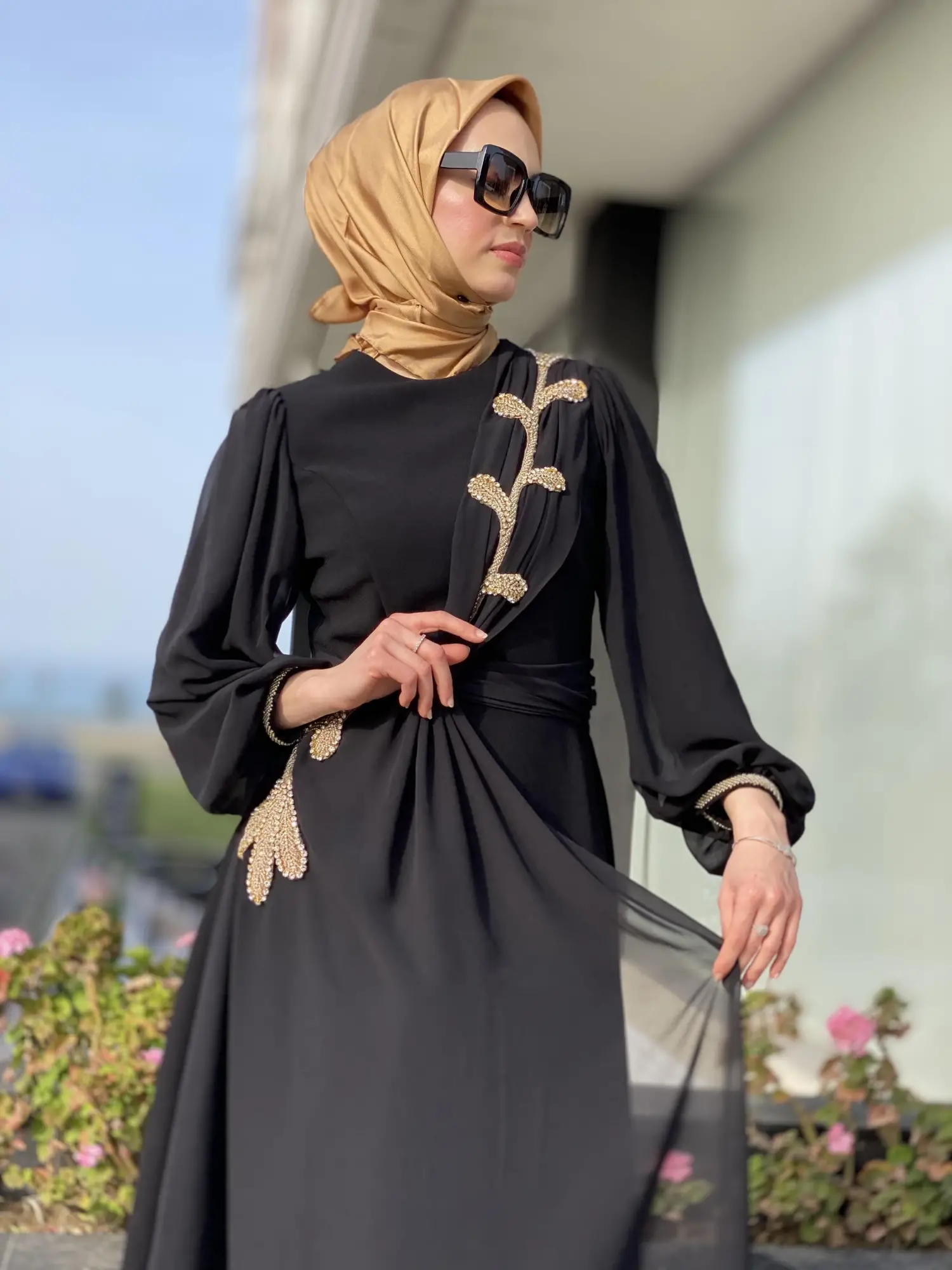 Jamila Sarah Karpuz Kollu Aller Şifonlu Aplikeli Tesettür Abiye Elbise 3031