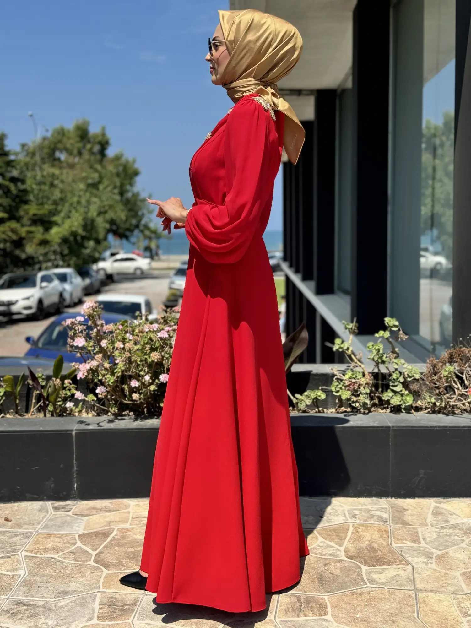 Jamila Sarah Karpuz Kollu Aller Şifonlu Aplikeli Tesettür Abiye Elbise 3031