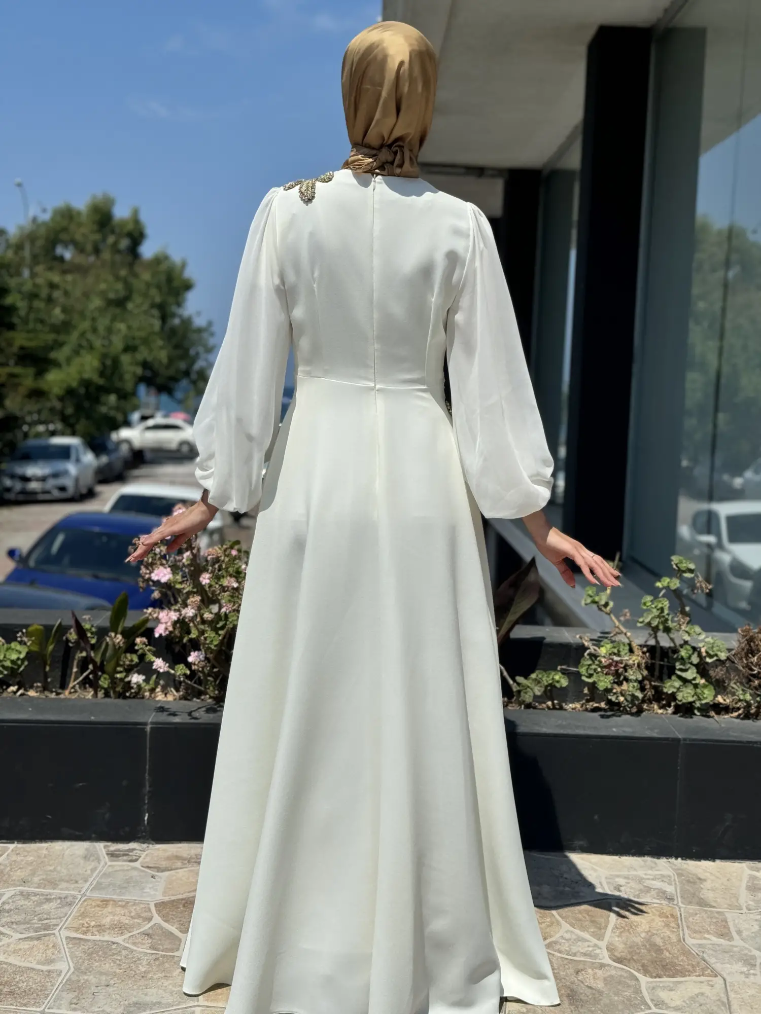 Jamila Sarah Karpuz Kollu Aller Şifonlu Aplikeli Tesettür Abiye Elbise 3031