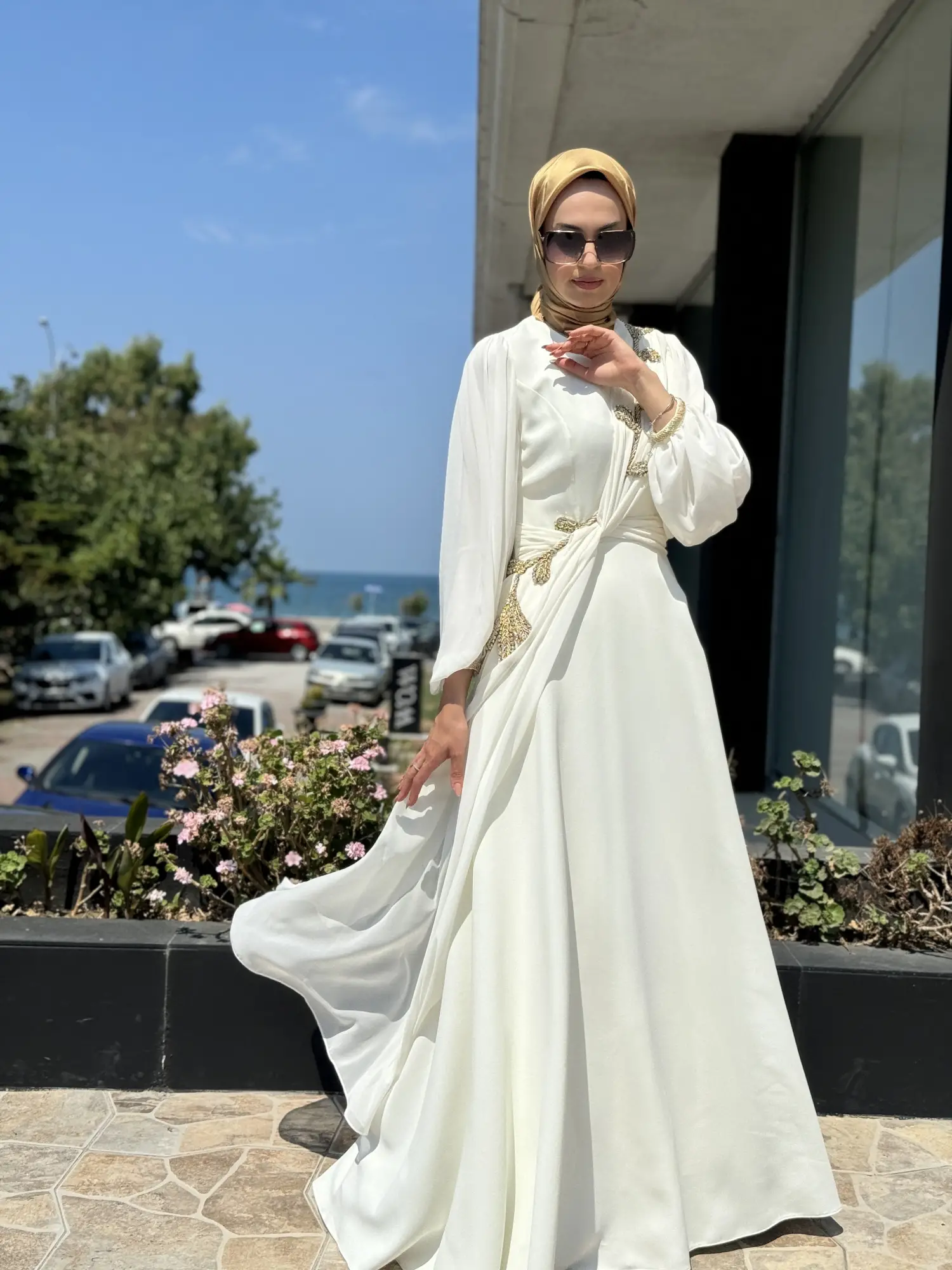 Jamila Sarah Karpuz Kollu Aller Şifonlu Aplikeli Tesettür Abiye Elbise 3031