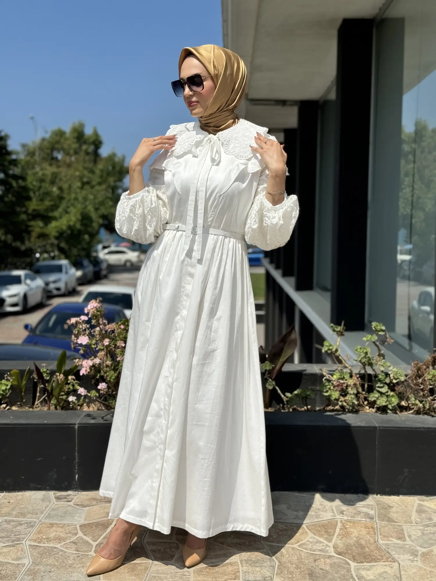 Jamila Sarah Kolları Yakası Boncuklu Fırfırlı Elbise 3052