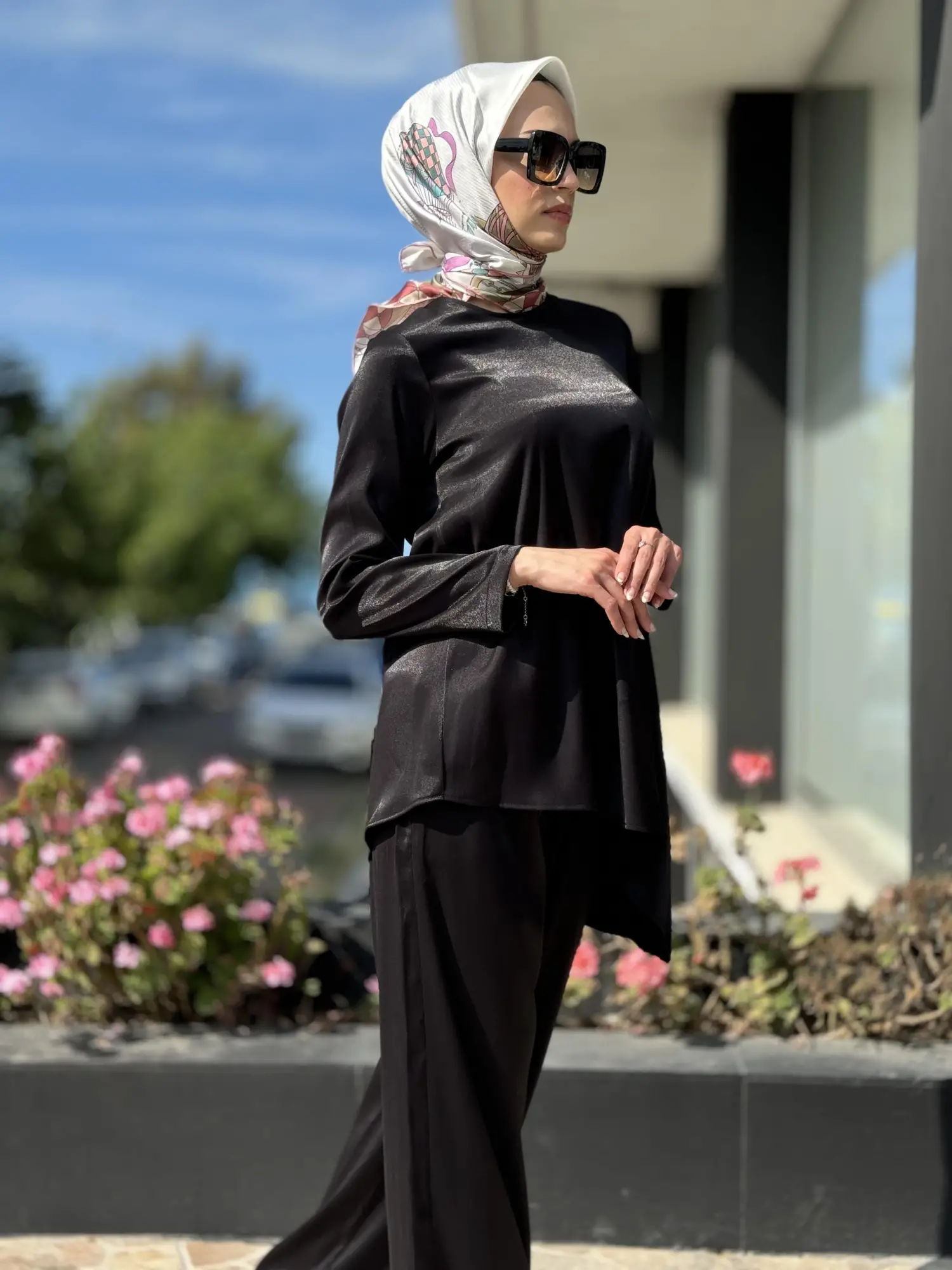 Kahma Asimetrik Simli Tunik  Beli Lastikli Cepli Pantolon Takım