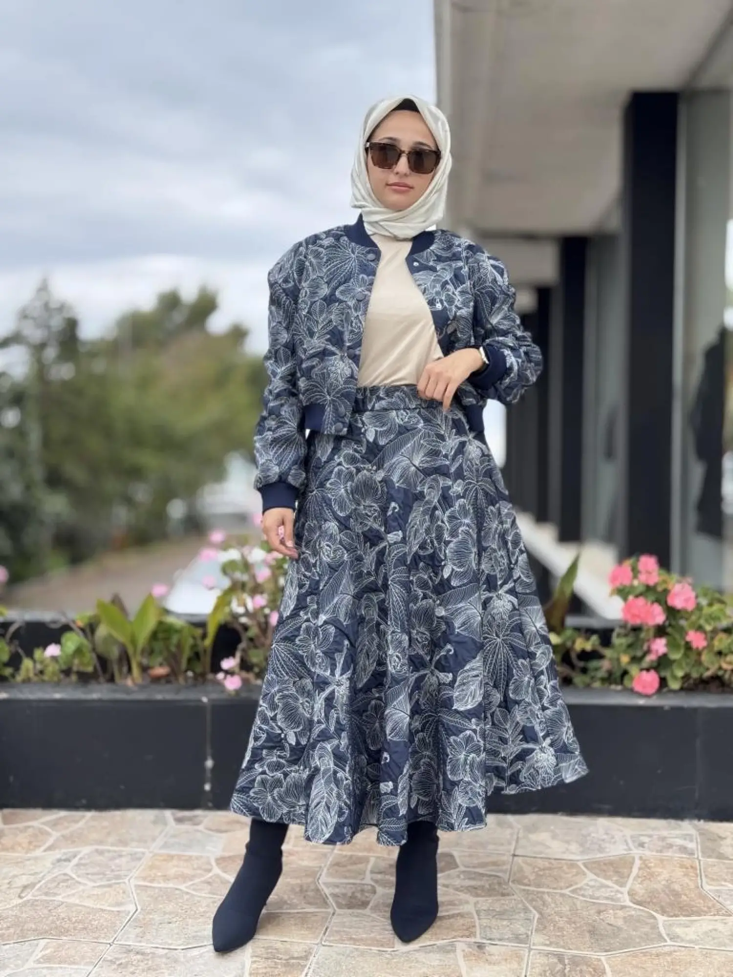 Kahma Florel Desen Kapitone Bomber Ceket Etek Takım