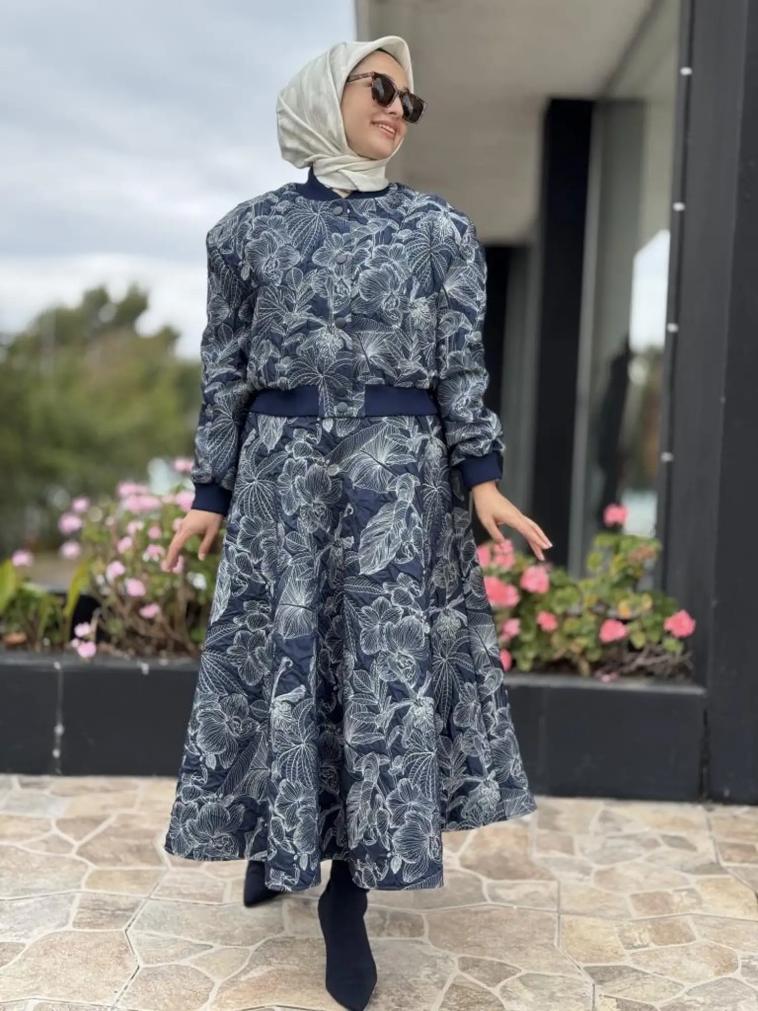 Kahma Florel Desen Kapitone Bomber Ceket Etek Takım