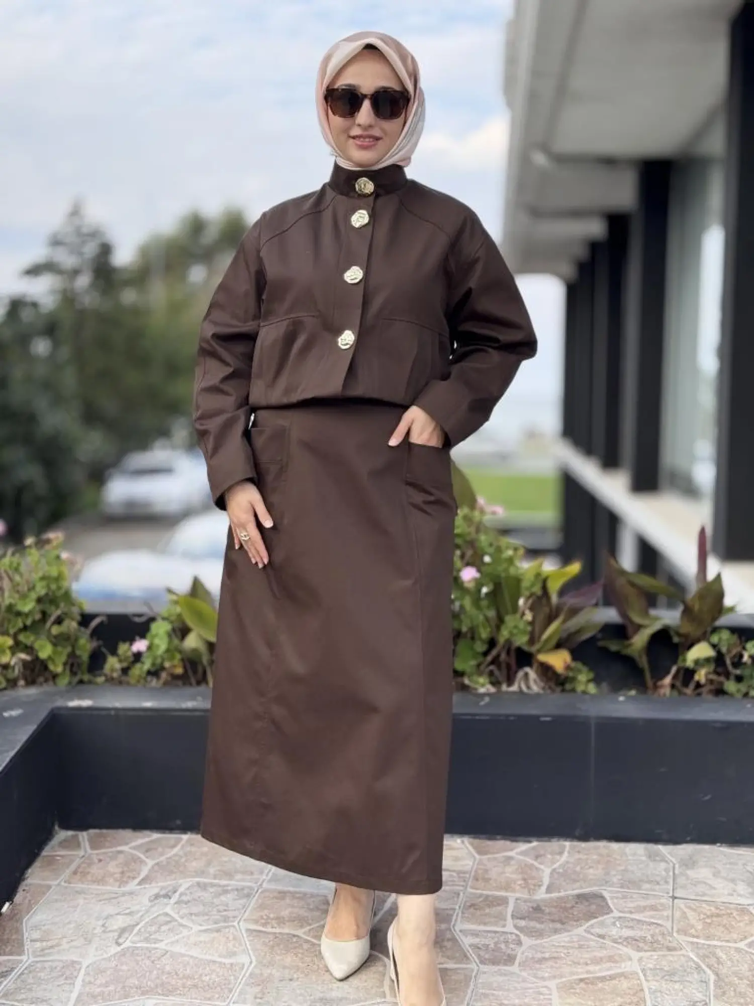 Kahma Gold Düğme Detaylı Kanvas Ceket Etek Takım