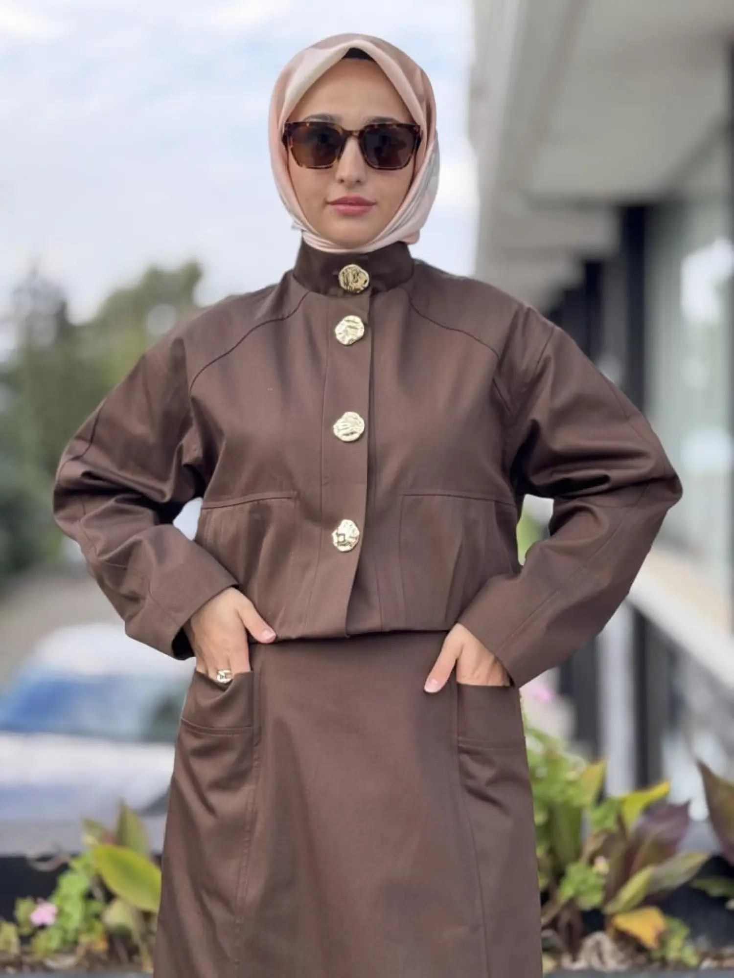 Kahma Gold Düğme Detaylı Kanvas Ceket Etek Takım