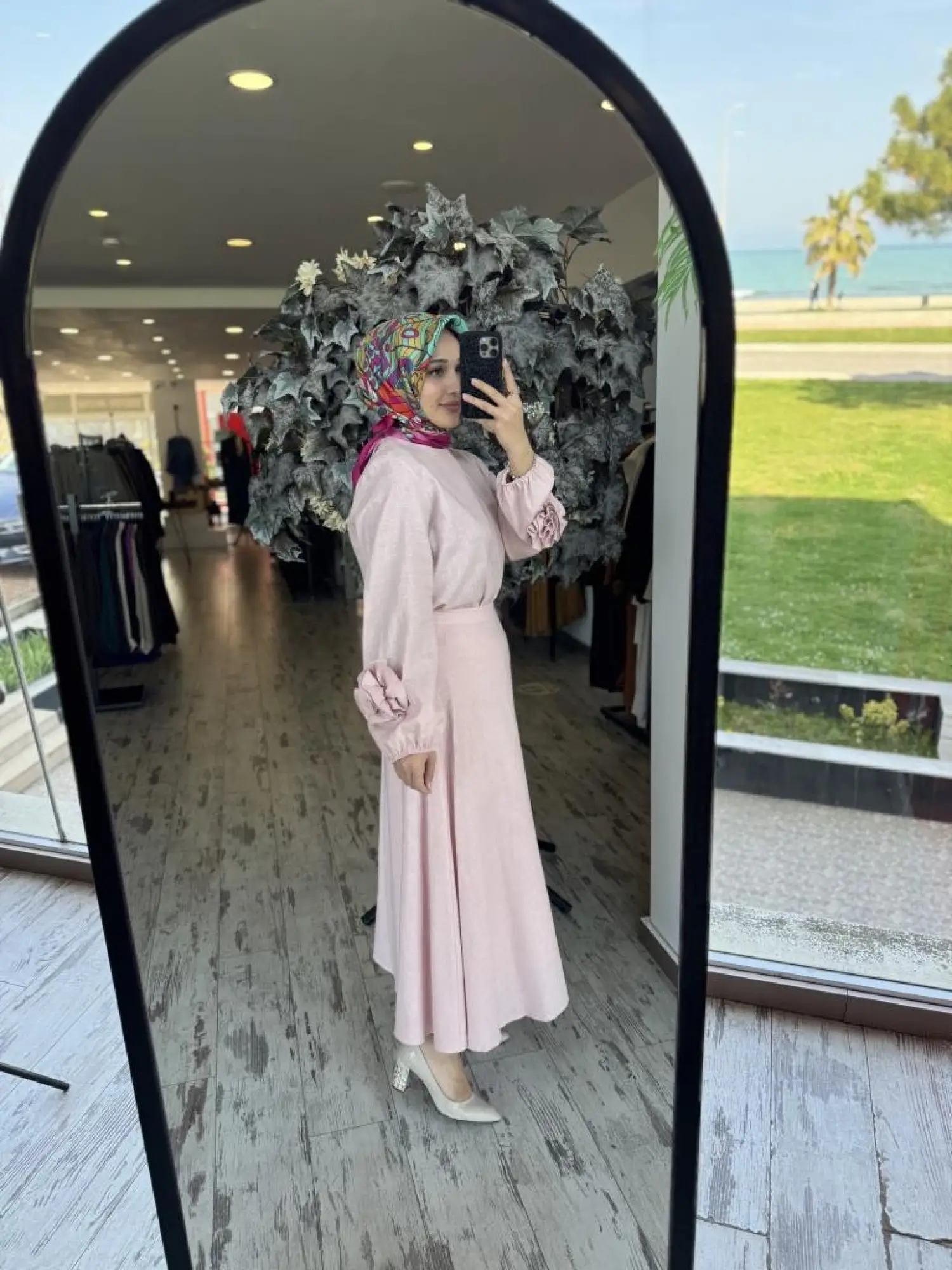 Kahma Kolları Gül Detaylı Pamuk Keten Bluz Etek Takım