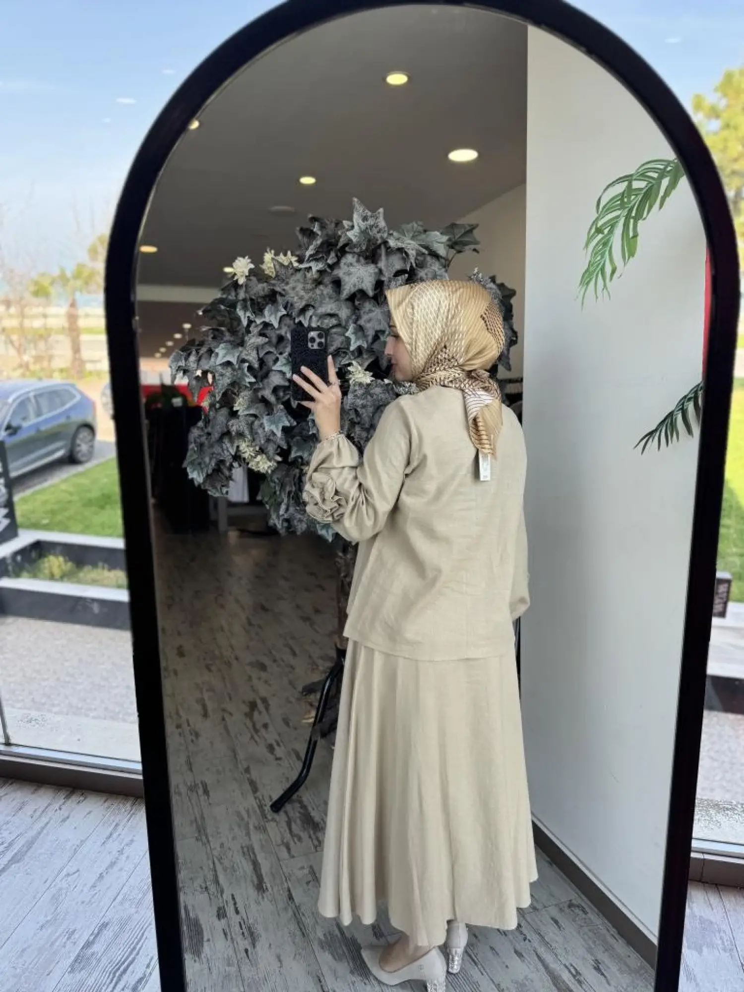 Kahma Kolları Gül Detaylı Pamuk Keten Bluz Etek Takım