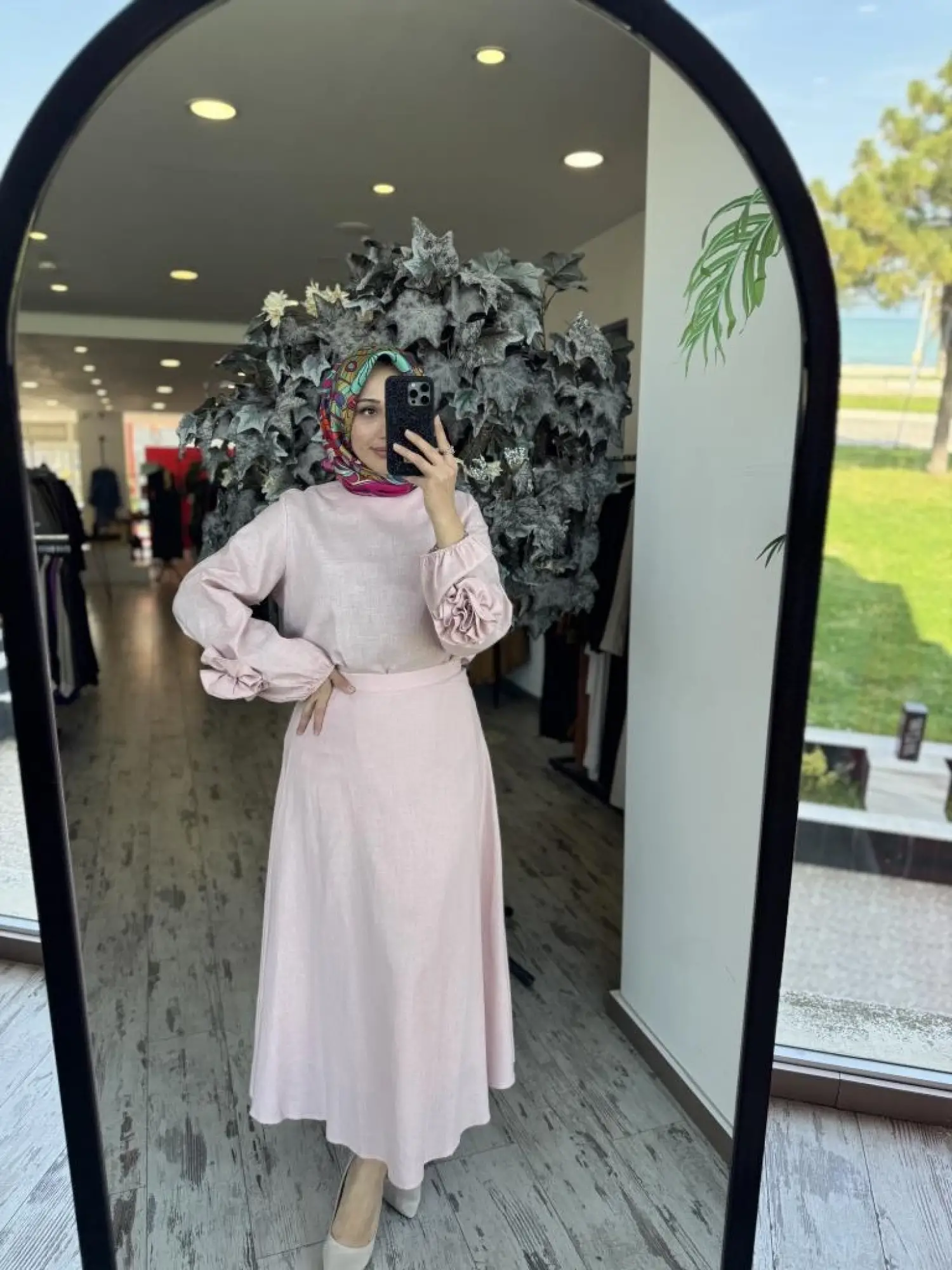 Kahma Kolları Gül Detaylı Pamuk Keten Bluz Etek Takım