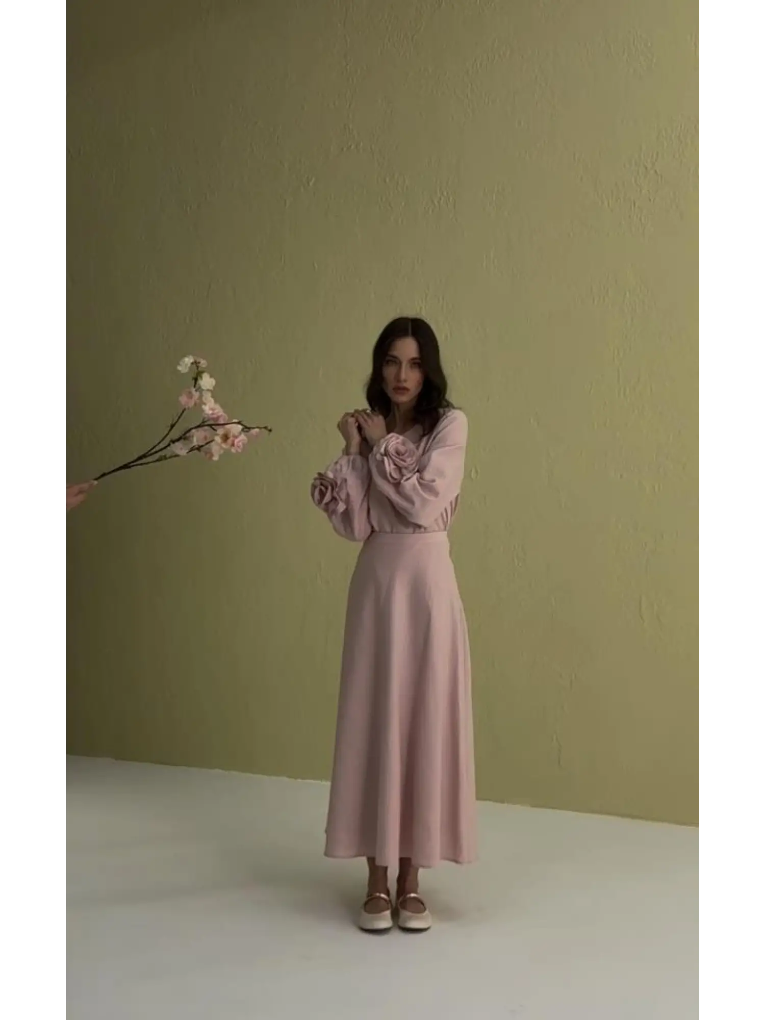 Kahma Kolları Gül Detaylı Pamuk Keten Bluz Etek Takım