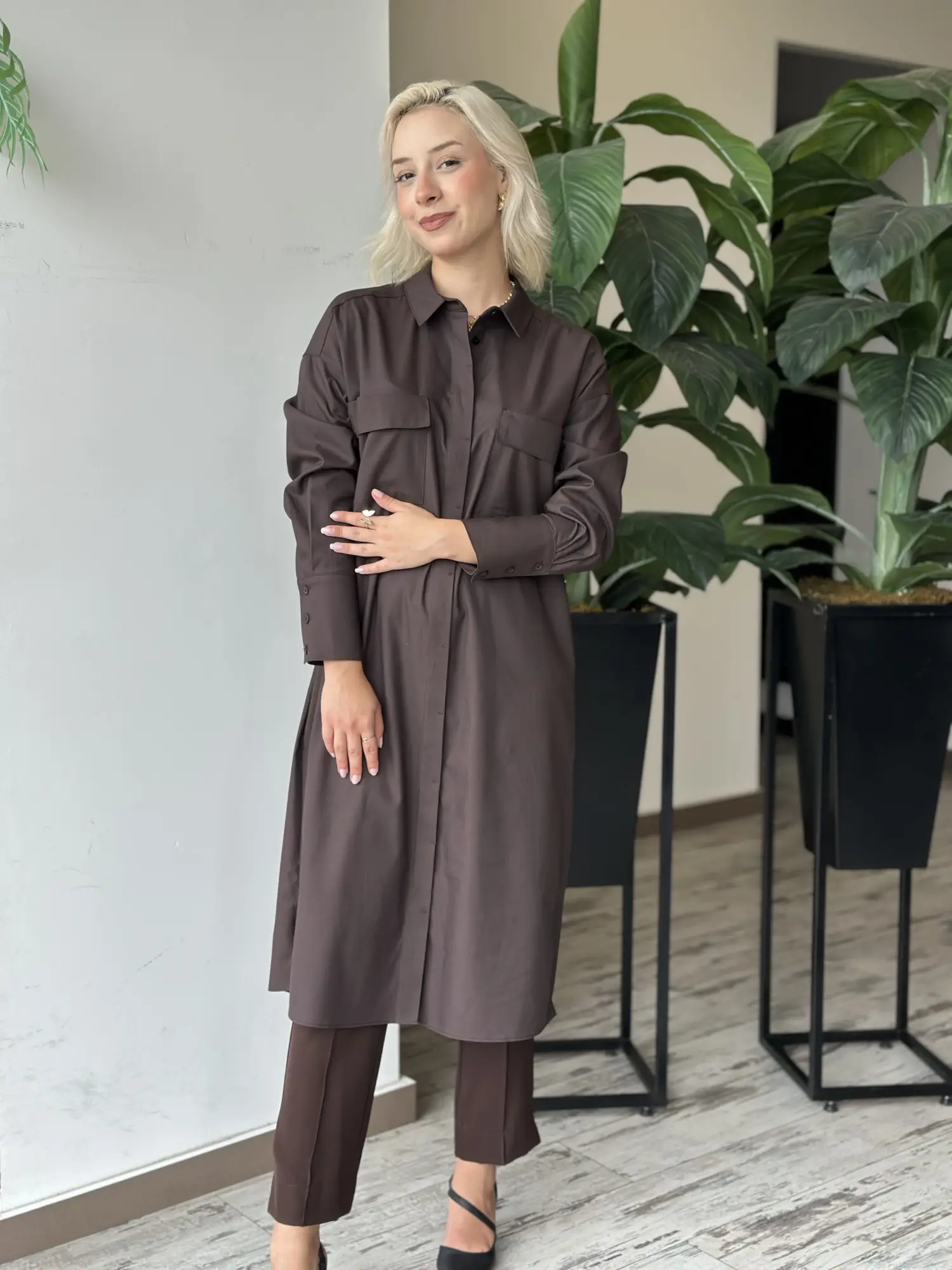 Kayra Cep Detaylı Soft Maxi Gömlek KA81023