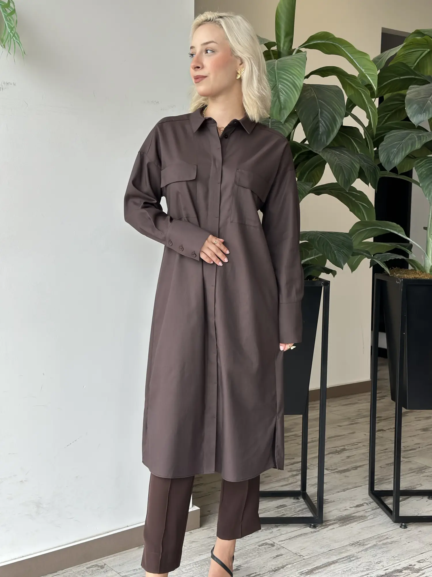 Kayra Cep Detaylı Soft Maxi Gömlek KA81023