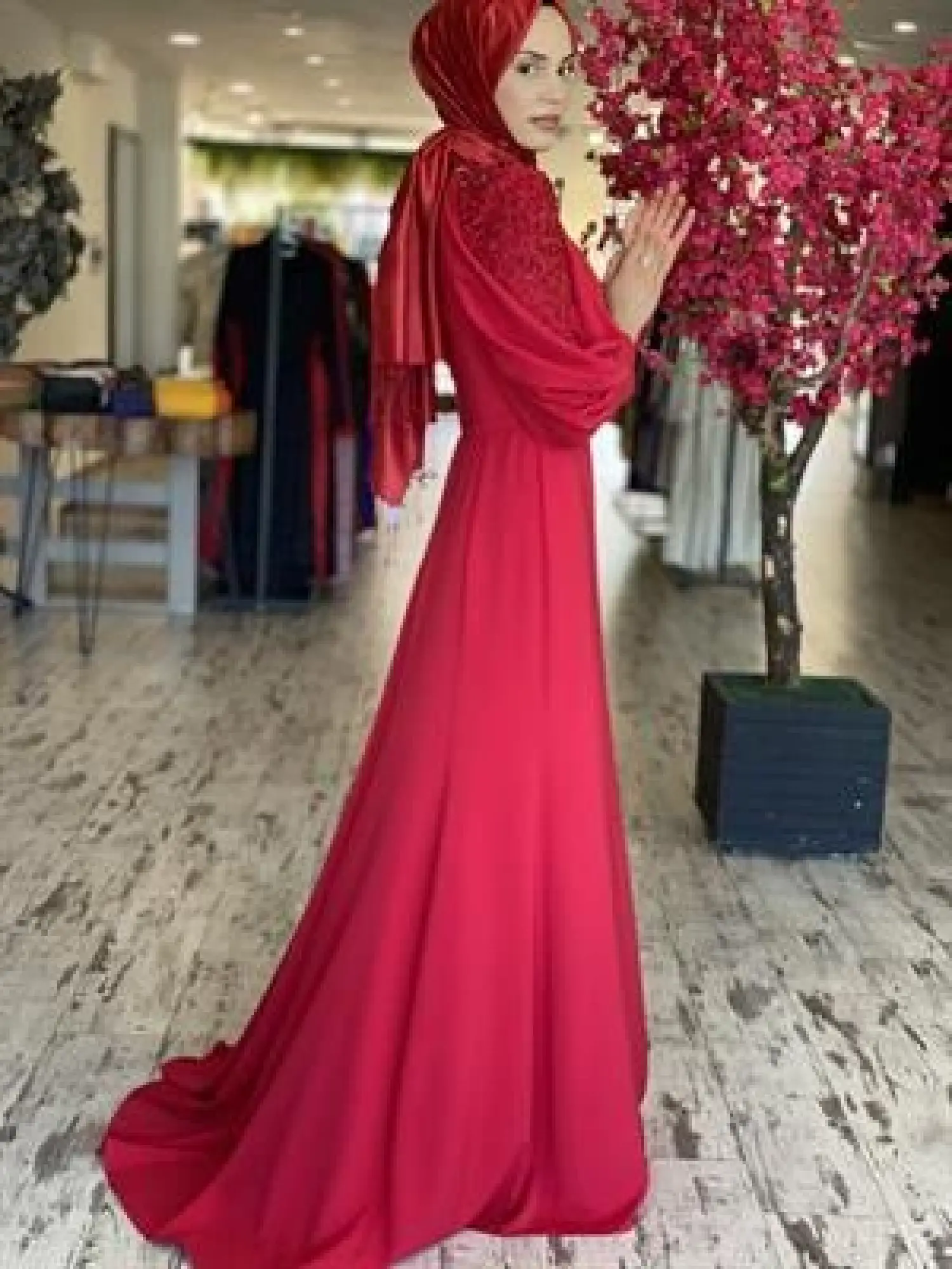 Kenzel Kırmızı Taşlı Saten Tesettür Abiye Elbise (KENZEL2104)