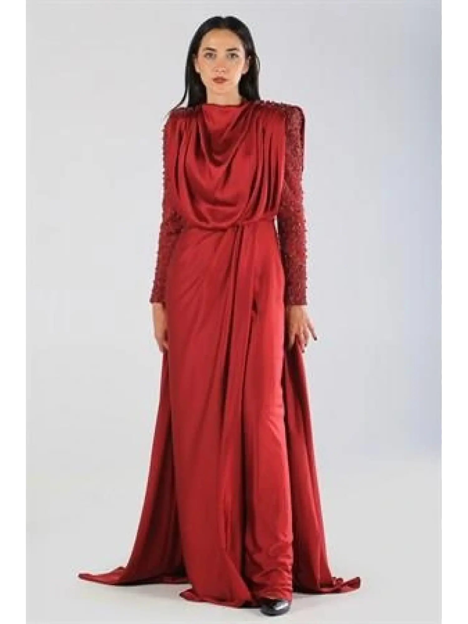 Kenzel Kolu Taşlı Bordo Tesettür Abiye Elbise (KENZEL-1104)