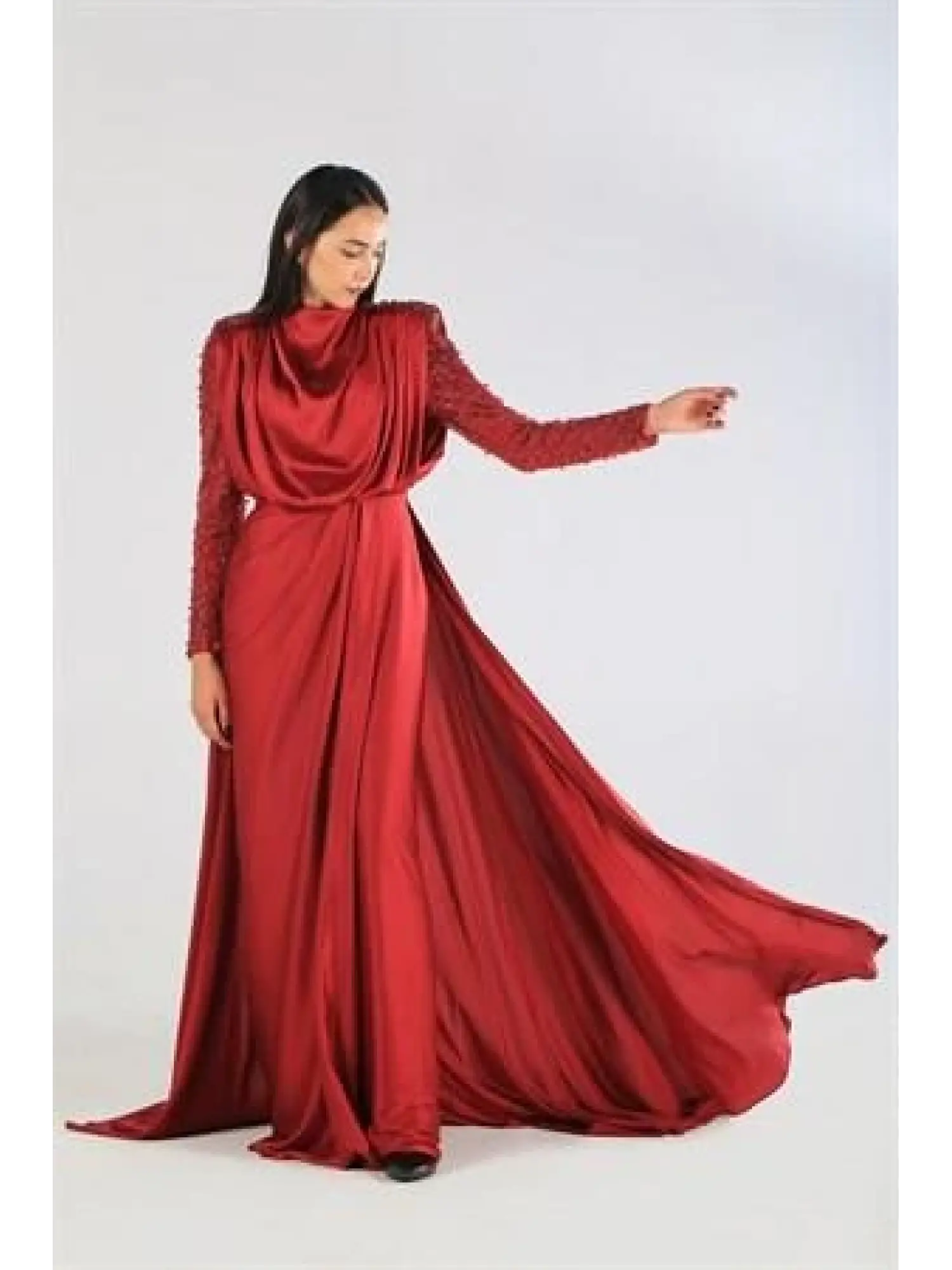 Kenzel Kolu Taşlı Bordo Tesettür Abiye Elbise (KENZEL-1104)