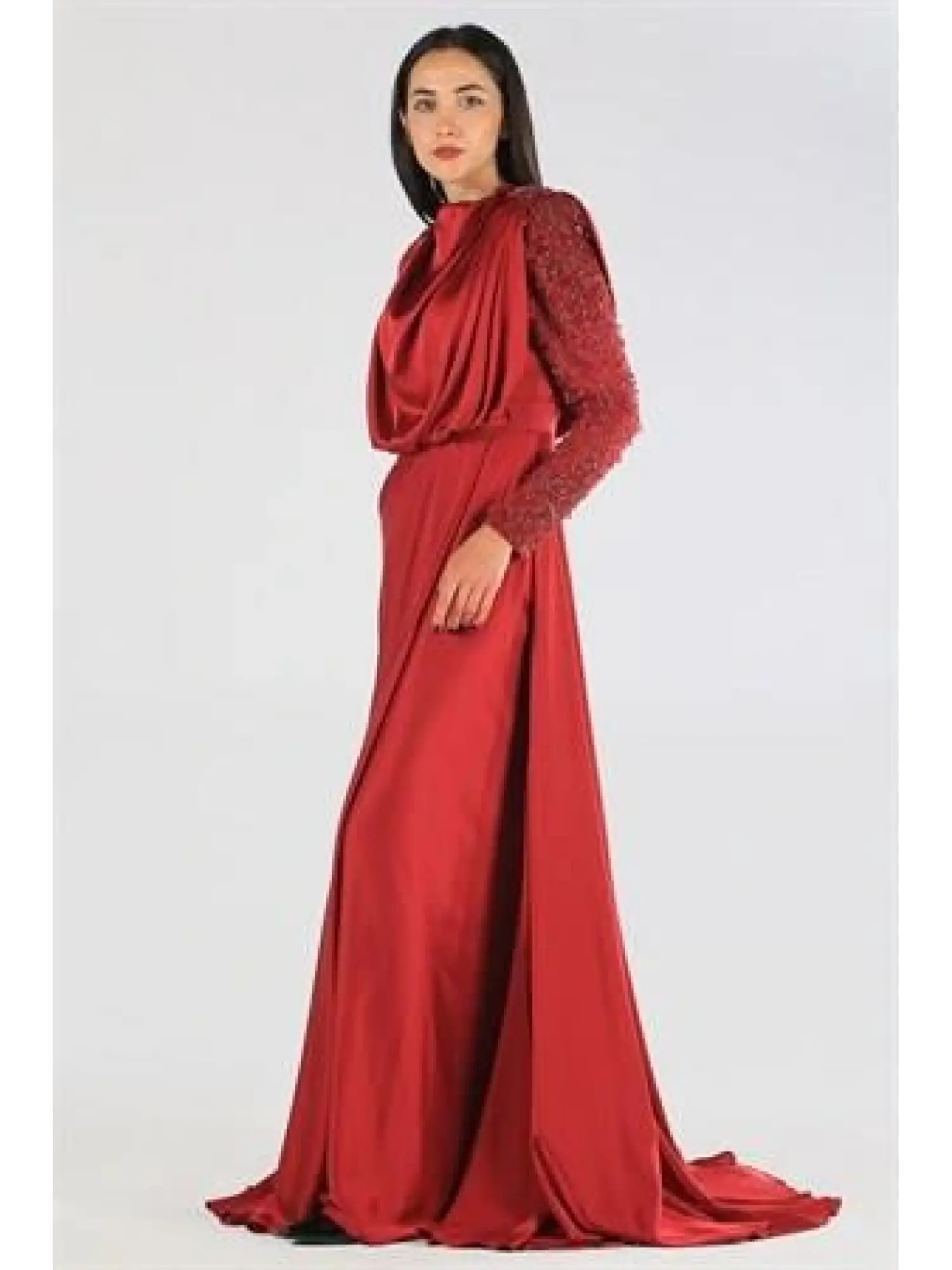 Kenzel Kolu Taşlı Bordo Tesettür Abiye Elbise (KENZEL-1104)