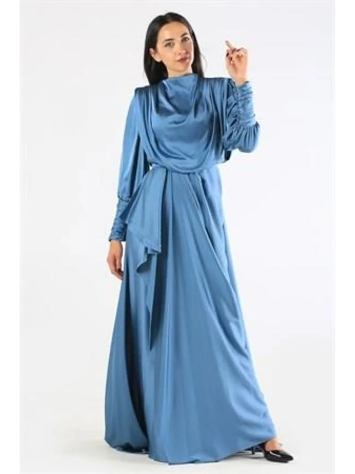 Kenzel Saten İndigo Tesettür Abiye Elbise (KENZEL1103)