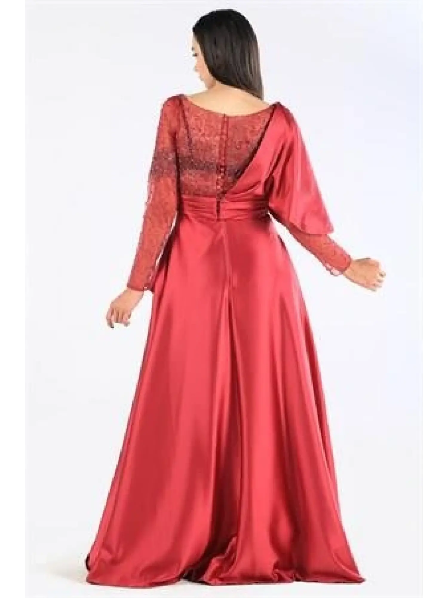 Kenzel Taş Detaylı Bordo Saten Tesettür Abiye Elbise (KENZEL-1001)