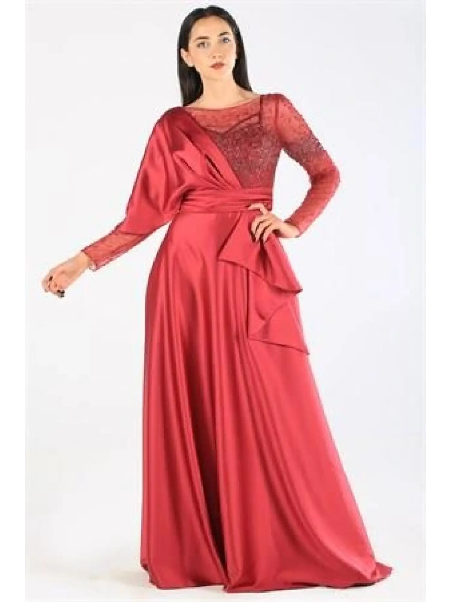 Kenzel Taş Detaylı Bordo Saten Tesettür Abiye Elbise (KENZEL-1001)