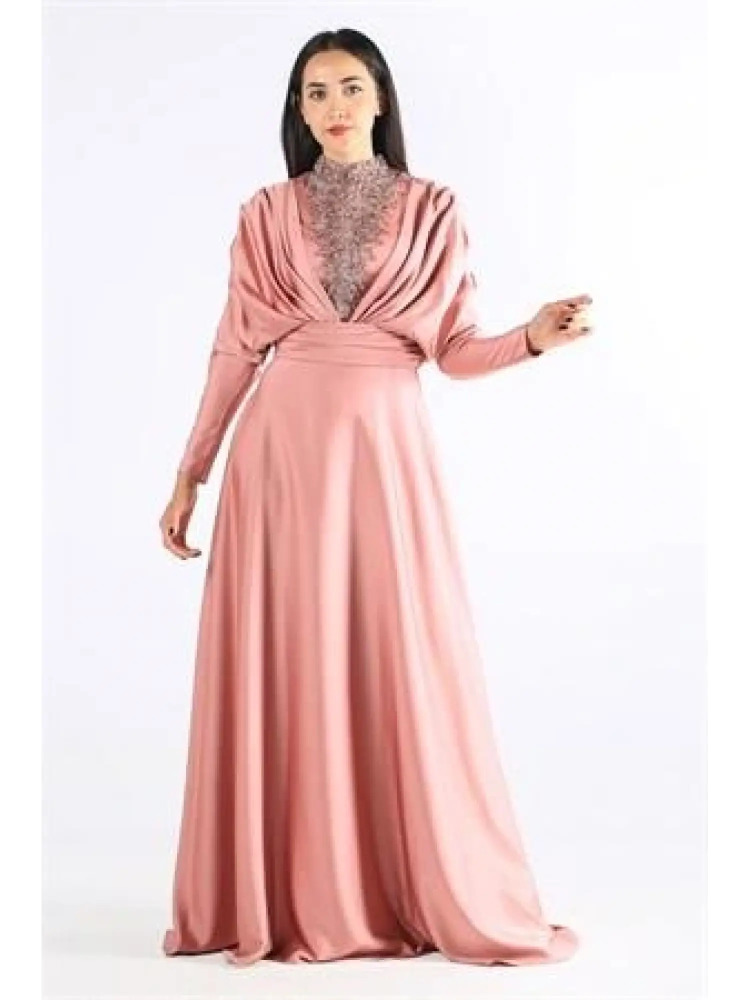 Kenzel Taşlı Somon Saten Tesettür Abiye (KENZEL1102)