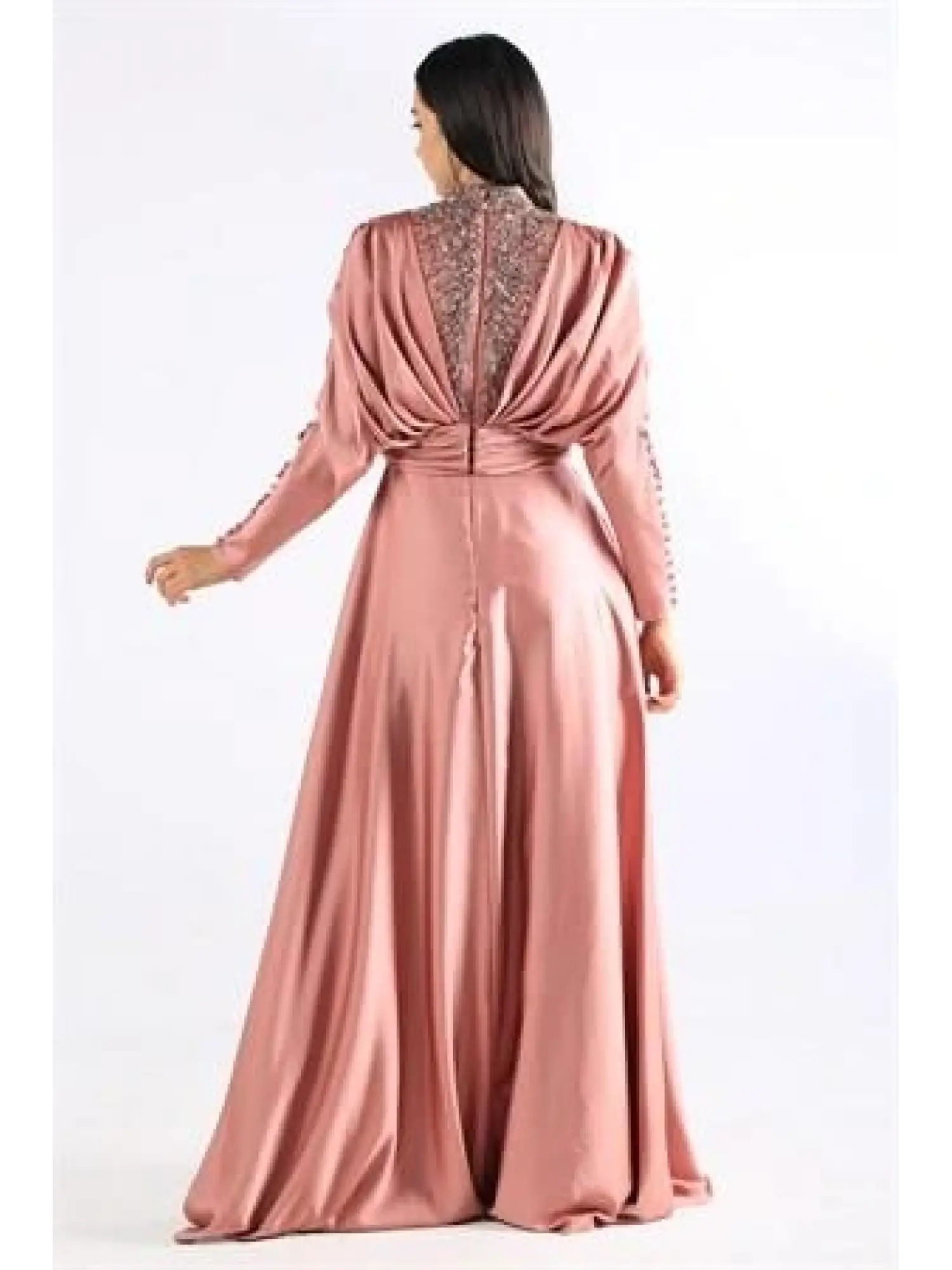 Kenzel Taşlı Somon Saten Tesettür Abiye (KENZEL1102)