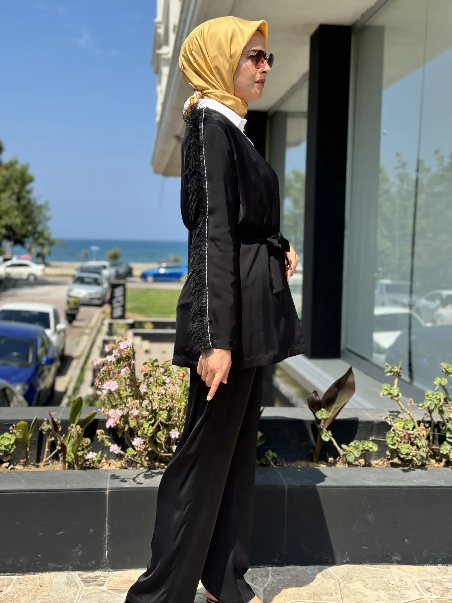 Lisa Kol Ve Omuz Detaylı Şık Siyah Ceket Pantolon Takım 3008