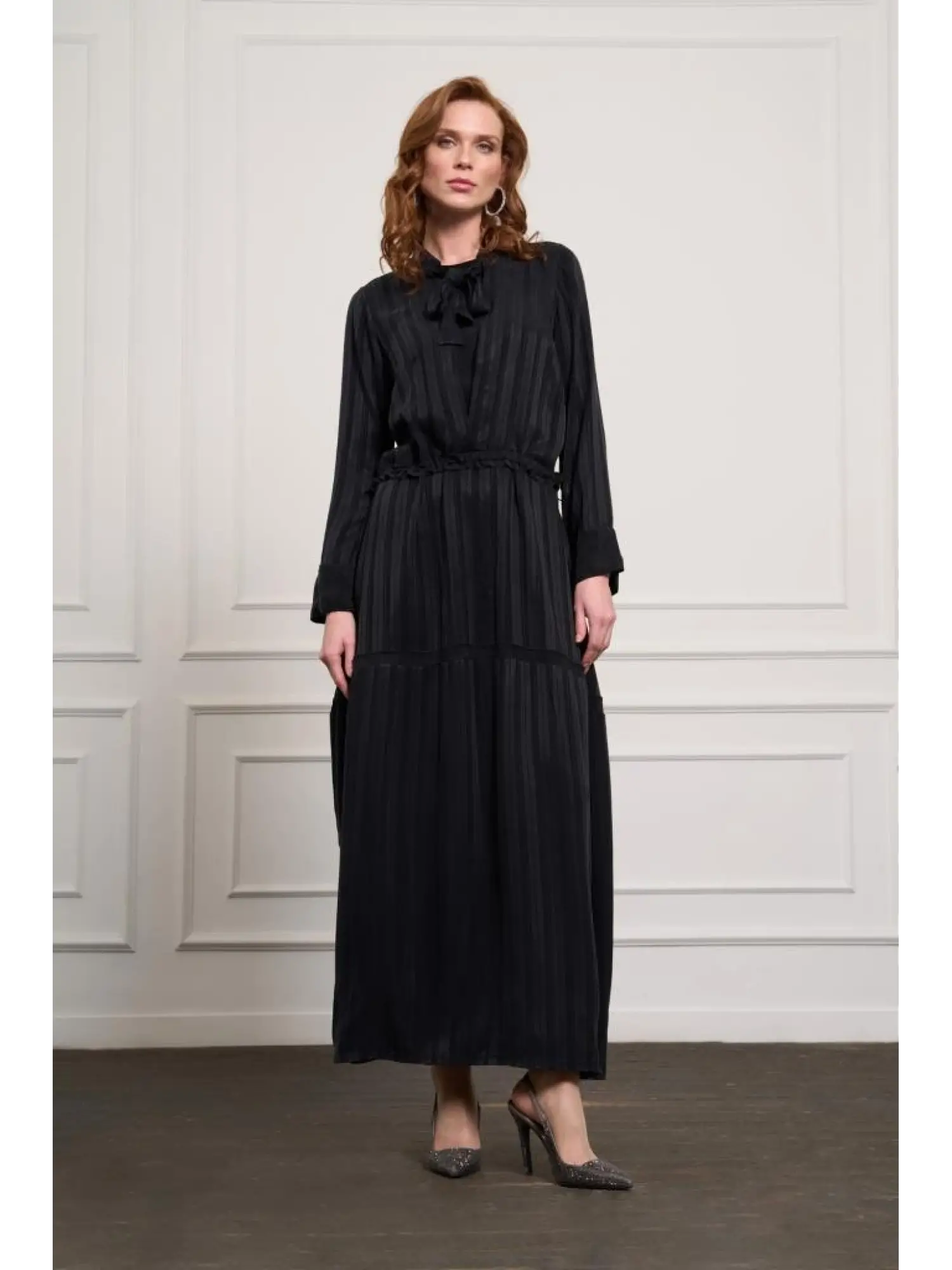 Misswhence Belden Büzgülü Çizgili Cupra İpek Elbise 37810