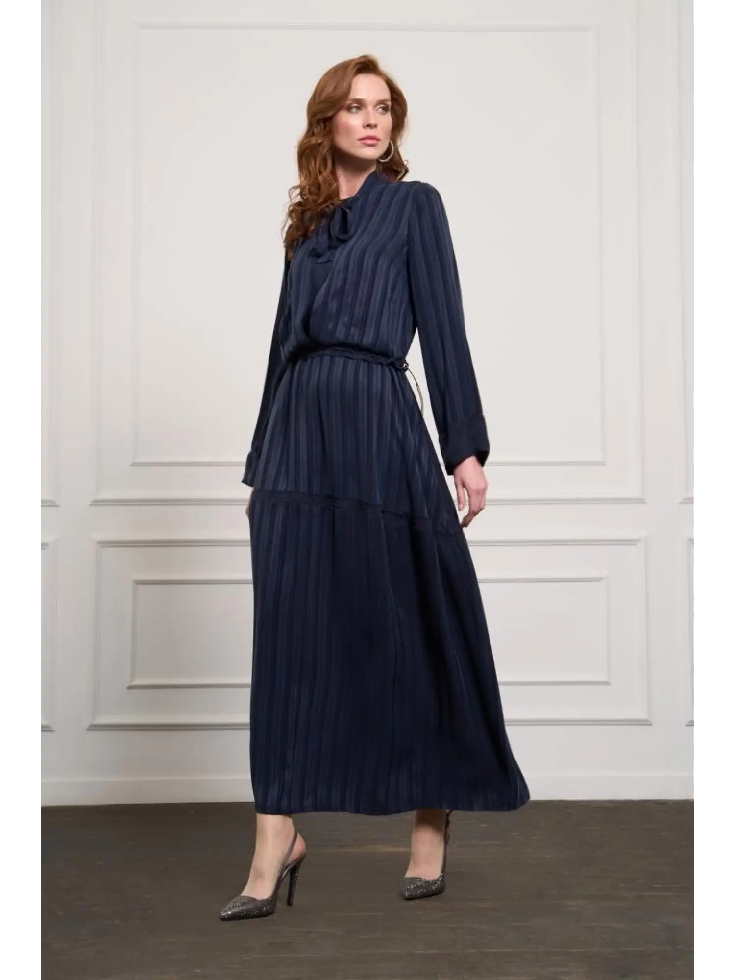 Misswhence Belden Büzgülü Çizgili Cupra İpek Elbise 37810