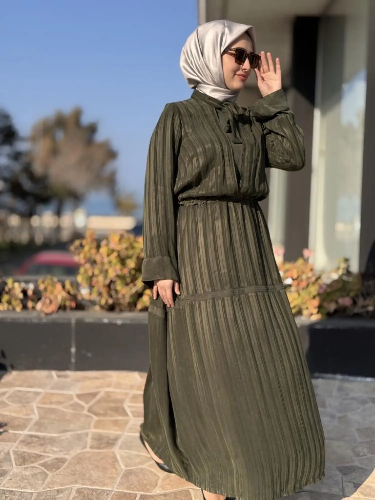 Misswhence Belden Büzgülü Çizgili Cupra İpek Elbise 37810