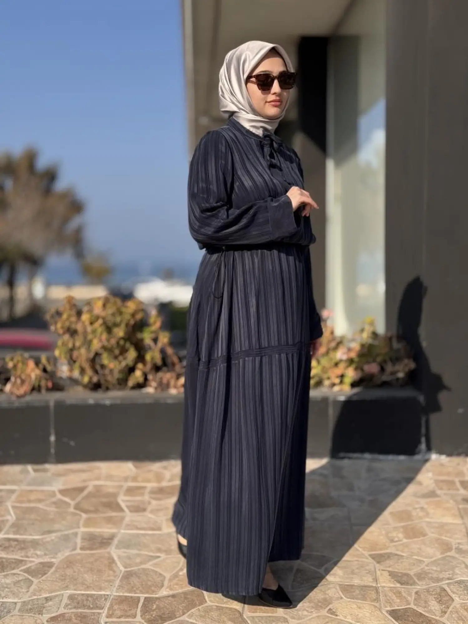 Misswhence Belden Büzgülü Çizgili Cupra İpek Elbise 37810