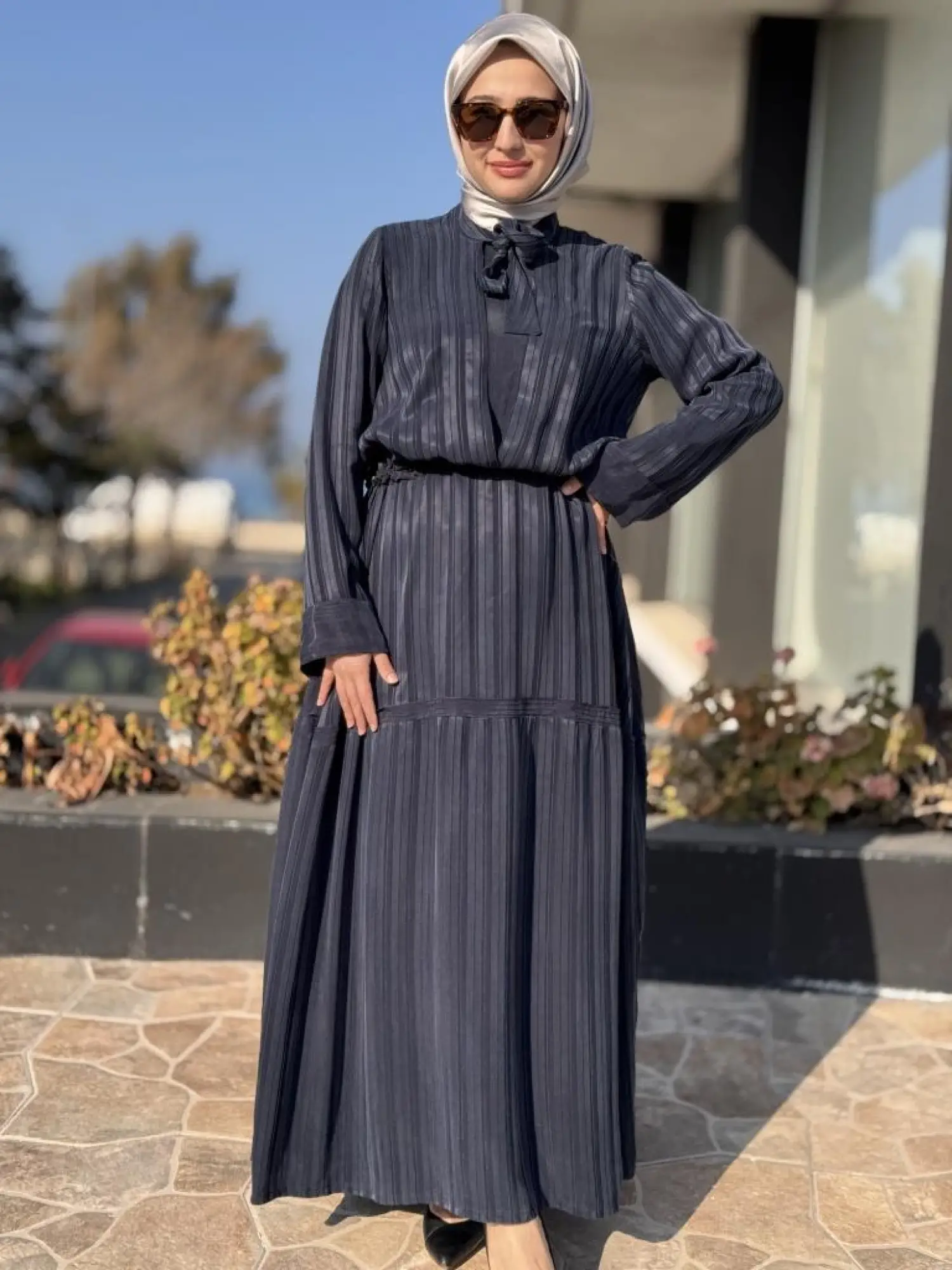 Misswhence Belden Büzgülü Çizgili Cupra İpek Elbise 37810