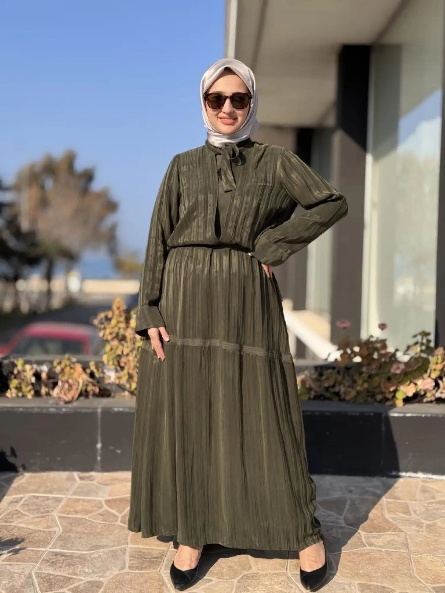 Misswhence Belden Büzgülü Çizgili Cupra İpek Elbise 37810