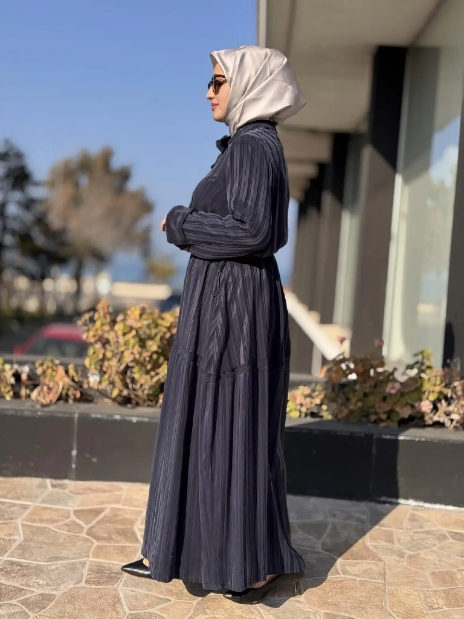 Misswhence Belden Büzgülü Çizgili Cupra İpek Elbise 37810