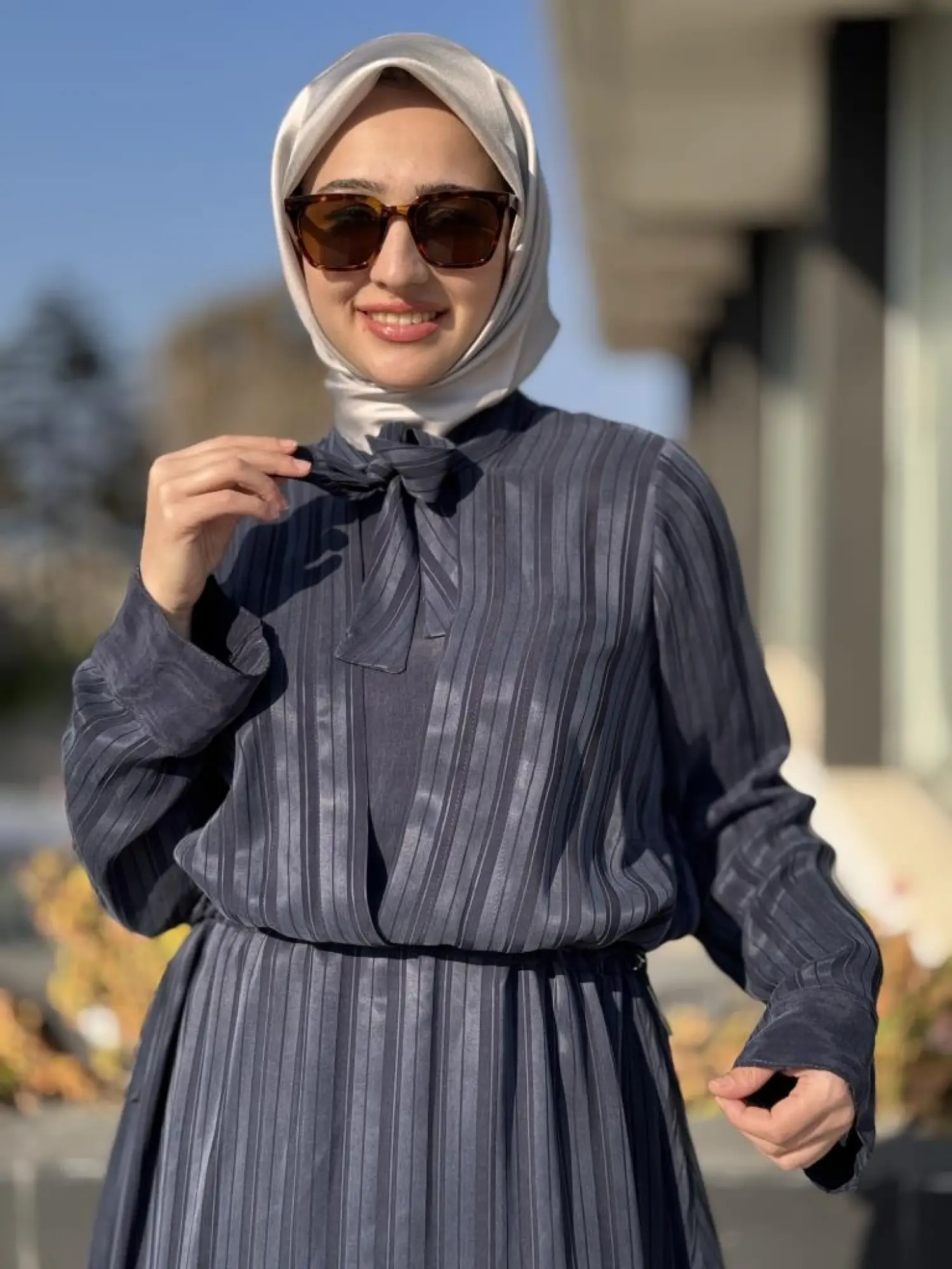 Misswhence Belden Büzgülü Çizgili Cupra İpek Elbise 37810