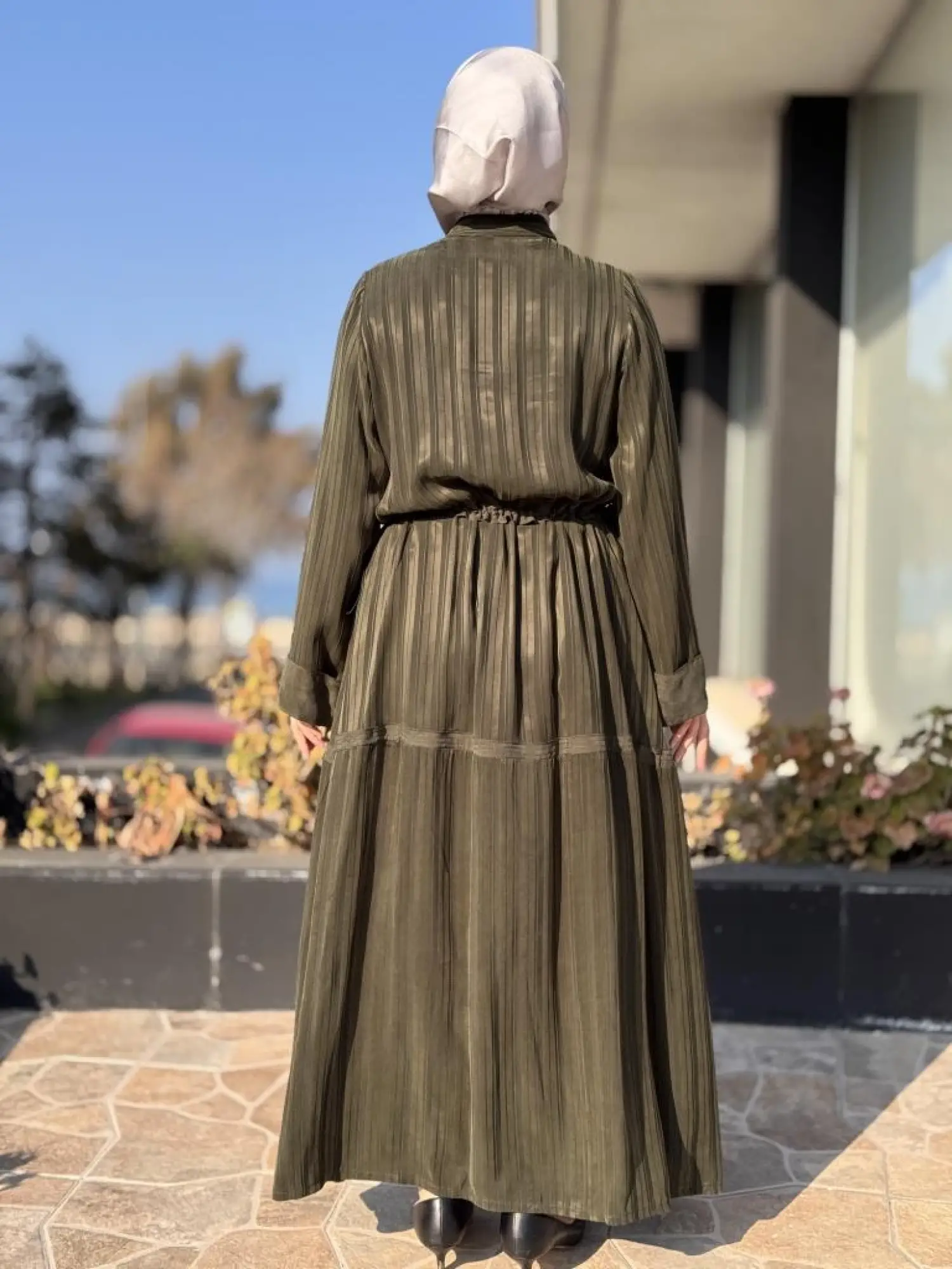 Misswhence Belden Büzgülü Çizgili Cupra İpek Elbise 37810