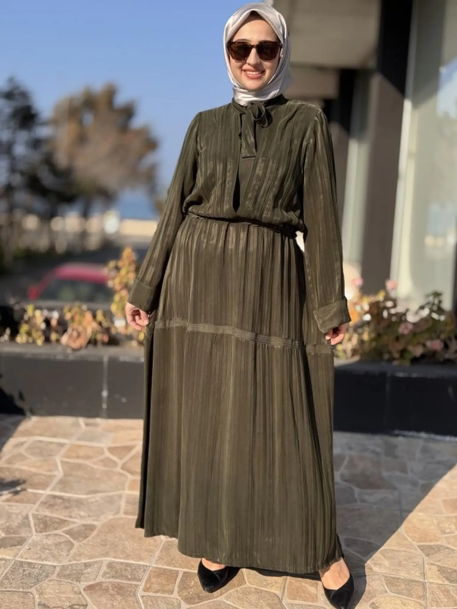 Misswhence Belden Büzgülü Çizgili Cupra İpek Elbise 37810