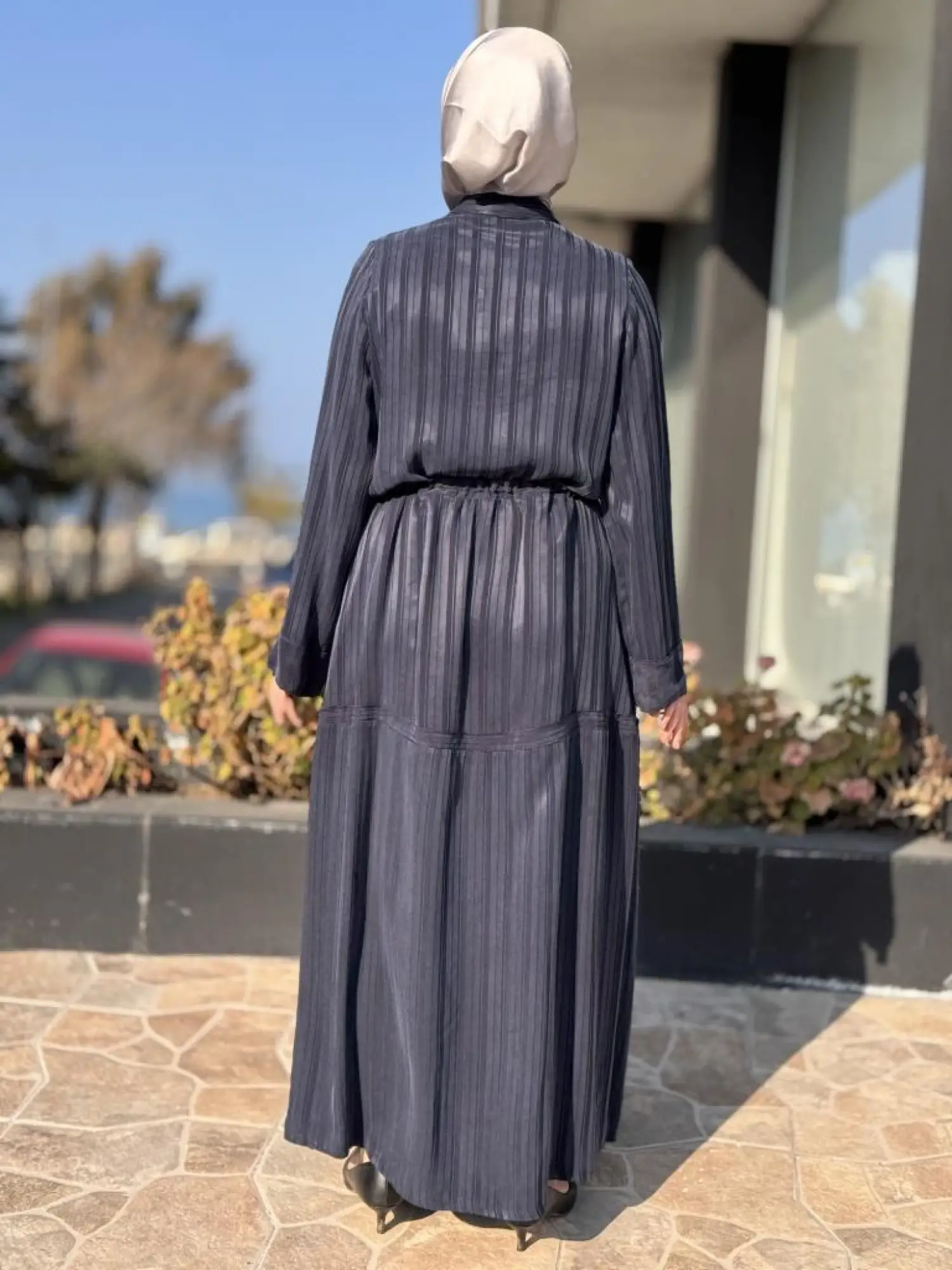 Misswhence Belden Büzgülü Çizgili Cupra İpek Elbise 37810