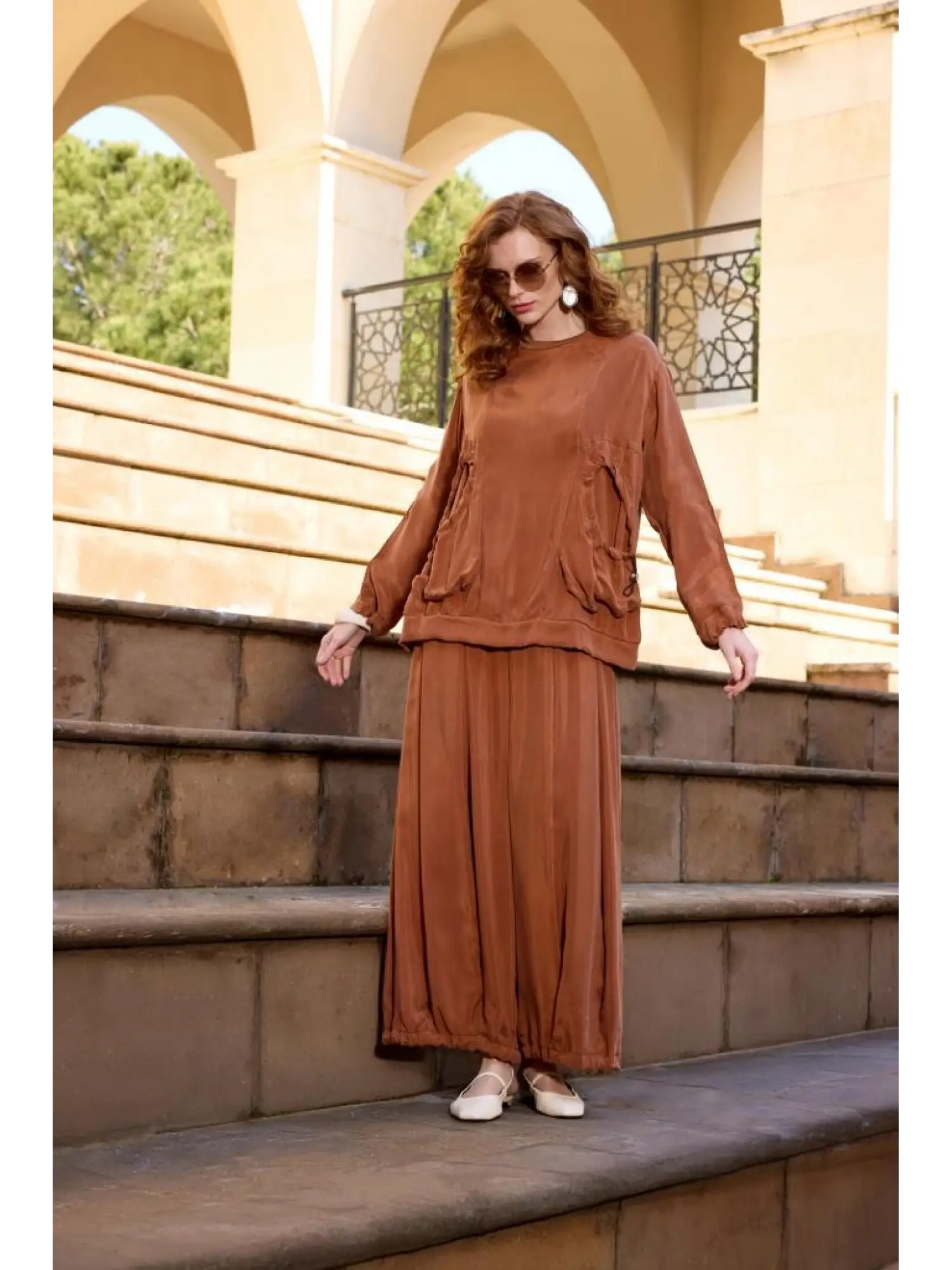 Misswhence Cep Detaylı Cupra İpek Bluz Şalvar Takım 37014