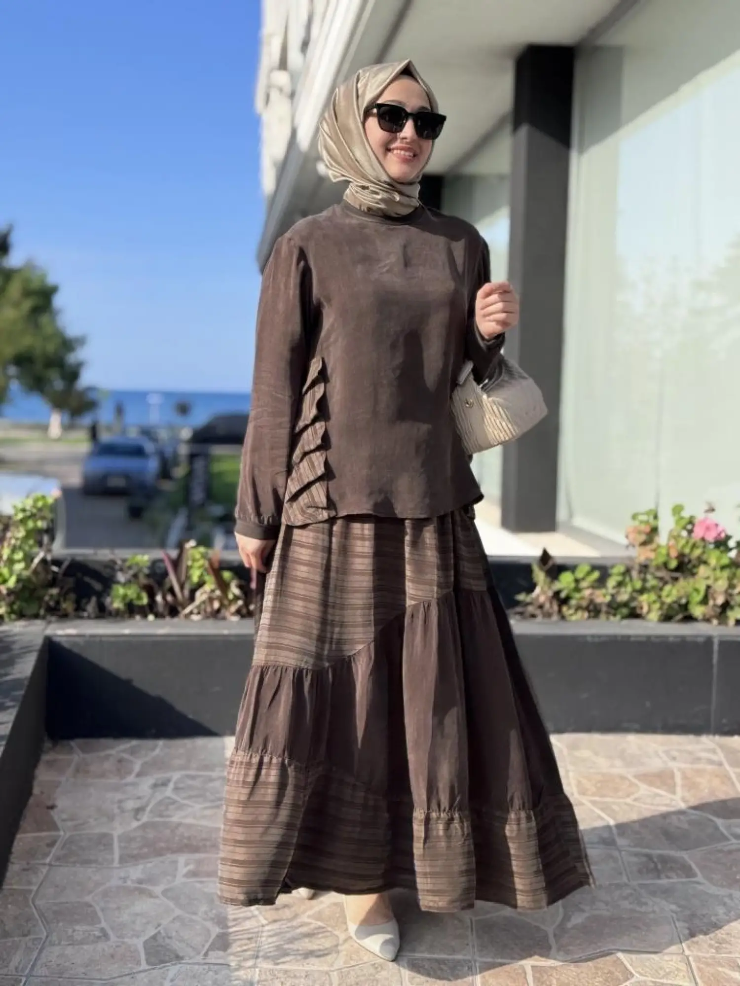 Misswhence Çizgi Detaylı Cupra Bluz Etek Takım 37016