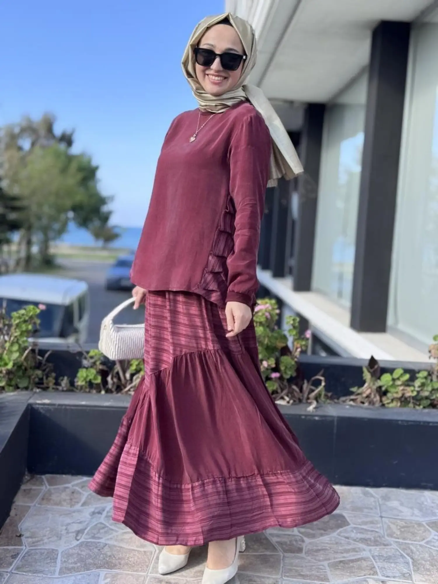 Misswhence Çizgi Detaylı Cupra Bluz Etek Takım 37016